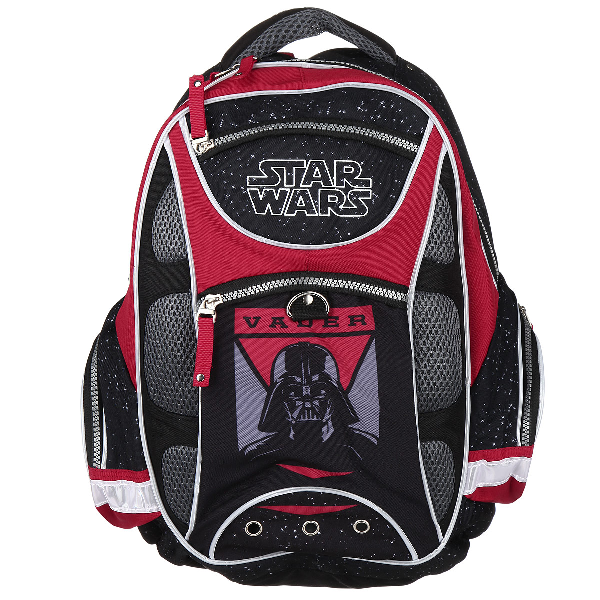 Рюкзак Erich Krause Star Wars: Vader, цвет: красный, черный37475_красный Рюкзак Erich Krause Star Wars: Vader, цвет: красный, черный37475_красныйУдобный современный школьный рюкзак Erich Krause Star Wars выполнен из прочного полиэстера и украшен изображением Дарта Вейдера из знаменитого кинофильма Звездные войны. Рюкзак состоит из одного большого отделения, закрывающегося на застежку-молнию. Внутри располагается прорезной карман на застежке-молнии, 4 накладных кармашка для мелочей, 2 небольших, накладных кармашка для ручек и карандашей, прорезной карман-сетка на молнии и накладной карман с клапаном на липучке. На лицевой стороне рюкзака предусмотрены 2 прорезных кармана, закрывающиеся на застежки-молнии. По бокам расположены 2 накладных кармана на молнии. Эргономичная ортопедическая спинка с жесткой вставкой обеспечивает комфорт при носке, а широкие лямки S-образной формы с мягкой прокладкой и отражающими полосками регулируются по длине и надежно фиксируют ранец на спине ребенка, правильно распределяя нагрузку и предотвращая перенапряжение мышц. Рюкзак оснащен петлей для подвешивания, мягкой ручкой для переноски...