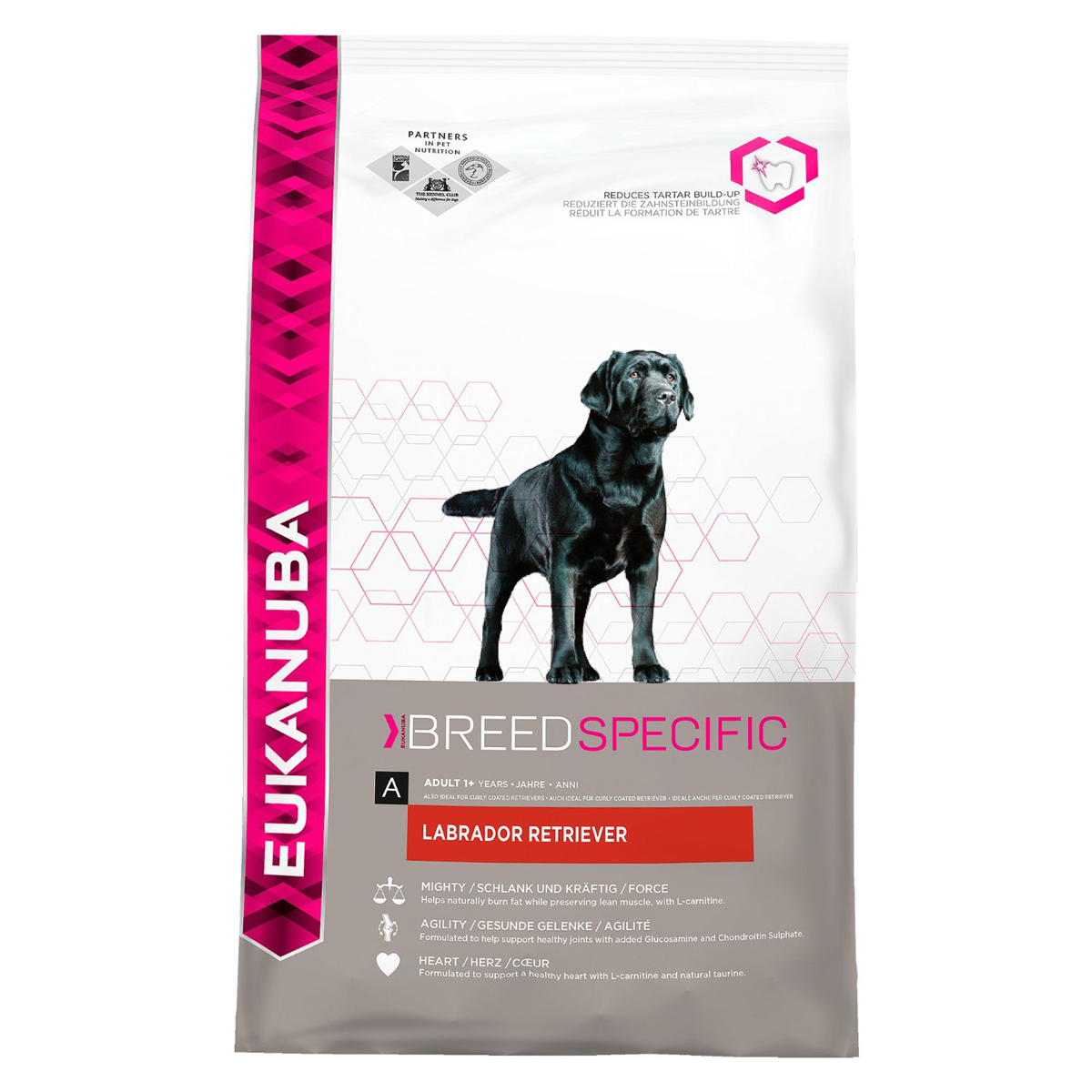 Корм сухой Eukanuba для взрослых собак породы лабрадор ретривер, 12 кг81077791 Корм сухой Eukanuba для взрослых собак породы лабрадор ретривер, 12 кг81077791Полноценный сбалансированный корм, специально разработанный для взрослых собак породы лабрадор-ретривер, а также подходящий для кормления собак пород курчавошерстного и чесалик бэй ретриверов. Не содержит искусственных красителей и ароматизаторов. Содержит разрешенные ЕС антиоксиданты (токоферолы). Состав: сублимированное мясо курицы и индейки (23%, натуральный источник таурина), кукуруза, пшеница, сорго, ячмень, животный жир, сухая пульпа сахарной свеклы 2,8%, гидролизат белков животного происхождения, сухое цельное яйцо, хлорид калия, рыбий жир, карбонат кальция, хлорид натрия, гексаметафосфат натрия, фруктоолигосахариды 0,28%, льняное семя, глюкозамин 432 мг/кг, хондроитина сульфат 43 мг/кг. Добавки: витамин A 45551 МЕ/кг, витамин D3 1512 МЕ/кг, витамин E 253 мг/кг, L-карнитин 48,1 мг/кг, бета-каротин 5,0 мг/кг. Микроэлементы: базовый карбонат кобальта моногидрат 0,59 мг/кг, пентагидрат сульфат меди 56 мг/кг, йодид калия 4,0 мг/кг, моногидрат...