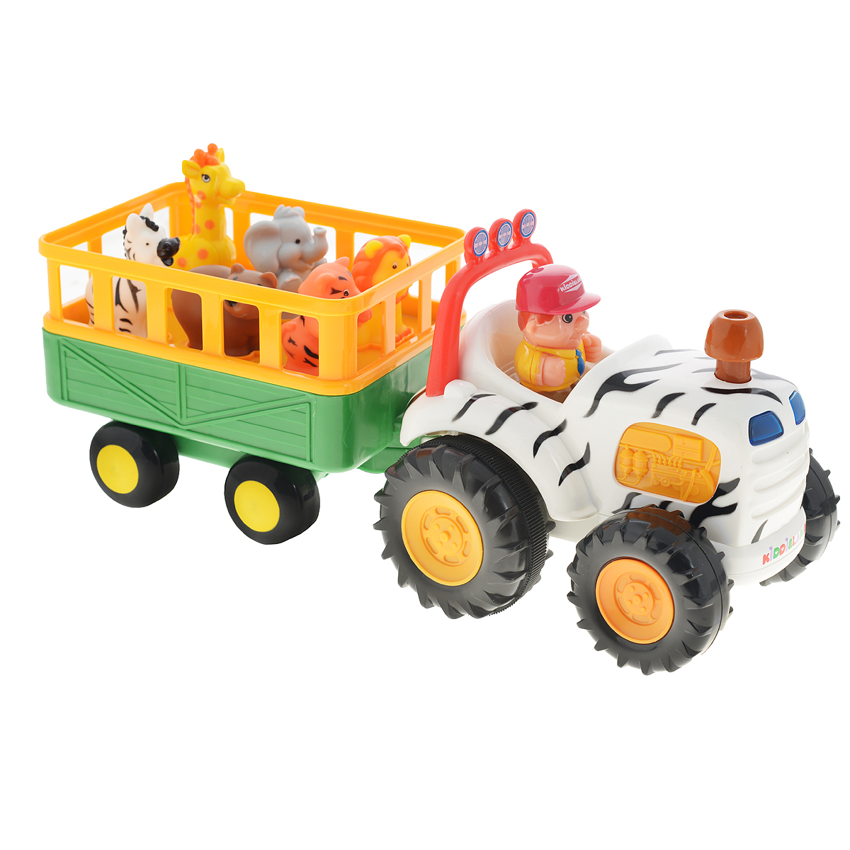 Kiddieland Развивающая игрушка СафариKID 051169 Kiddieland Развивающая игрушка СафариKID 051169Яркая музыкальная игрушка на колесах Kiddieland Сафари, озвученная на русском языке, развлечет малыша мигающими огоньками, приятной музыкой и забавными звуками. При нажатии на трубу трактор едет вперед, при этом звучат реалистичные звуки мотора, тормозов или веселые стишки. В прицепе трактора находятся 5 фигурок диких животных. Фигурки необходимо правильно расставить по своим местам, тогда при нажатии они издают соответствующие реалистичные звуки, читают стишки, а водитель поет песенку. Фигурки зверей (тигр, лев, слон, жираф, зебра, медведь) и водителя легко снимаются, и малыш может играть с ними отдельно. Отправляйтесь в веселую и познавательную поездку! Упаковка презентационно-открытая. Питание: 4 батареи АА (входят в комплект). Размер игрушки: 37 х 13,5 х 17,5 см.