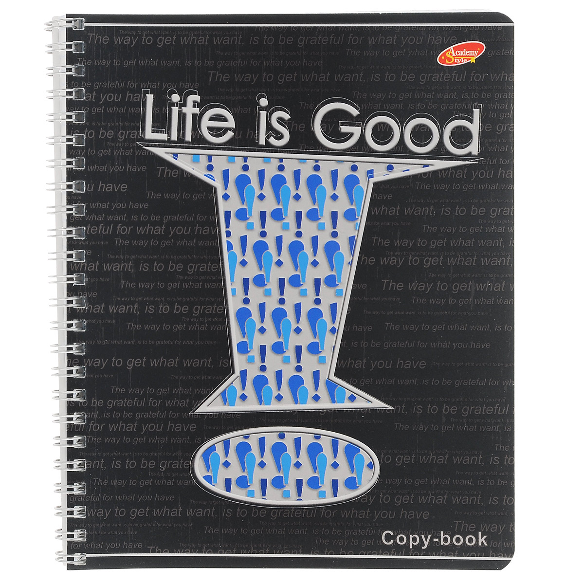 Тетрадь Life is Good, 80 листов, формат А5, цвет: черный, синий6591/3_Life is Good Тетрадь Life is Good, 80 листов, формат А5, цвет: черный, синий6591/3_Life is GoodТетрадь в клетку Life is Good подойдет как студенту, так и школьнику. Обложка тетради с закругленными углами выполнена из картона и дополнена оригинальным изображением восклицательного знака. Внутренний блок состоит из 80 листов белой бумаги на гребне.