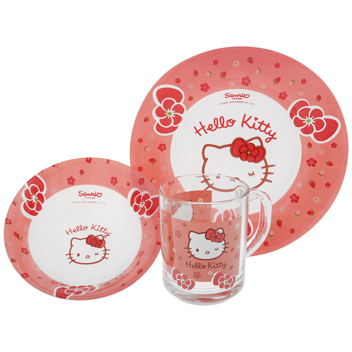 Набор детской посуды Hello Kitty, 3 предмета1053059 Набор детской посуды Hello Kitty, 3 предмета1053059Набор детской посуды Hello Kitty, выполненный из стекла, состоит из кружки, тарелки и салатника. Изделия оформлены изображением героини популярного мультфильма Hello Kitty. Материалы изделий нетоксичены и безопасны для детского здоровья. Детская посуда удобна и увлекательна для вашего малыша. Привычная еда станет более вкусной и приятной, если процесс кормления сопровождать игрой и сказками о любимых героях. Красочная посуда является залогом хорошего настроения и аппетита ваших детей. Можно мыть в посудомоечной машине. Диаметр тарелка: 19,5 см. Диаметр салатника: 14 см. Высота салатника: 4,5 см. Объем кружки: 250 мл. Диаметр кружки (по верхнему краю): 7 см. Высота кружки: 9,5 см.