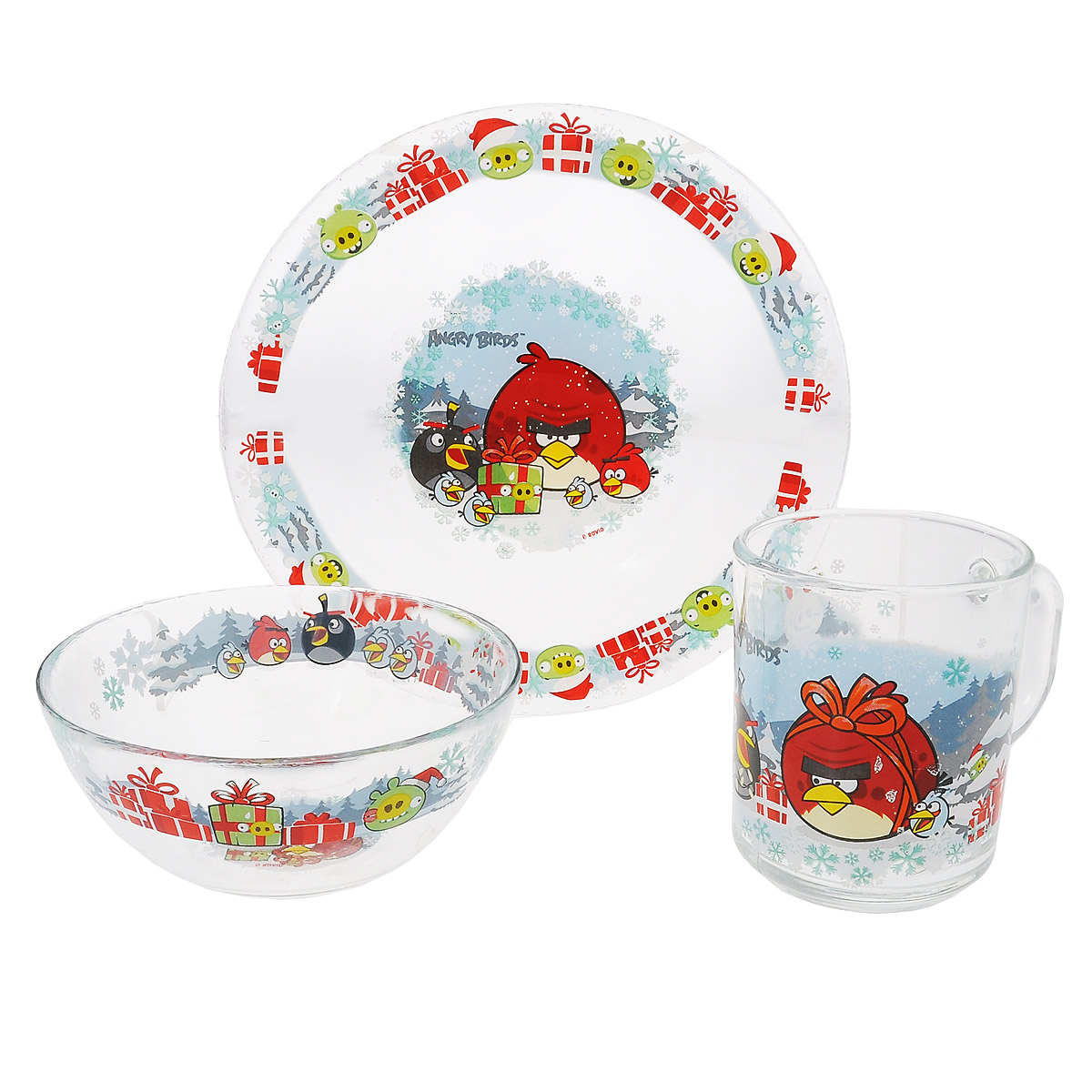 Набор детской посуды Angry Birds Зима, 3 предмета9559017 Набор детской посуды Angry Birds Зима, 3 предмета9559017Набор детской посуды Angry Birds Зима, выполненный из прозрачного стекла, состоит из кружки, тарелки и салатника. Изделия оформлены изображением любимых героев популярного мультфильма Angry Birds. Материалы изделий нетоксичны и безопасны для детского здоровья. Детская посуда удобна и увлекательна для вашего малыша. Привычная еда станет более вкусной и приятной, если процесс кормления сопровождать игрой и сказками о любимых героях. Красочная посуда является залогом хорошего настроения и аппетита ваших детей. Можно мыть в посудомоечной машине. Диаметр тарелки: 19,5 см. Диаметр салатника: 12,5 см. Высота салатника: 5,5 см. Объем кружки: 250 мл. Диаметр кружки (по верхнему краю): 7 см. Высота кружки: 9 см.