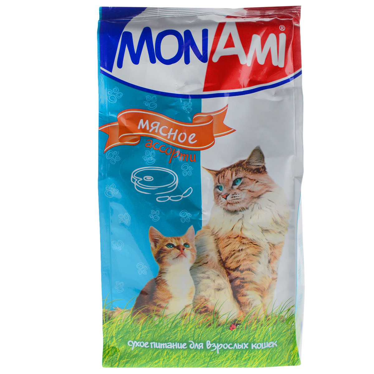 Корм сухой для кошек Mon Ami, мясное ассорти, 400 г14132 Корм сухой для кошек Mon Ami, мясное ассорти, 400 г14132Сухой корм для кошек Mon Ami - это полноценное сбалансированное питание для кошек, разработанное с использованием современных технологий. Особенности рациона: Необходимое сочетание ингредиентов для достижения правильной усвояемости питательных веществ организмом. Источник линолевой кислоты и правильного уровня витаминов группы В благотворно влияют на кожу и шерсть. Таурин - для здоровья глаз и сердца. Состав: злаки (пшеница, рис), экстракт белка растительного происхождения, мясо и продукты животного происхождения (в т.ч. кролик), подсолнечное масло, минеральные добавки, гидролизованная печень, пульпа сахарной свеклы (жом), витамины, пивные дрожжи, таурин, антиоксидант. Анализ: сырой протеин 30%, сырой жир 10%, сырая зола 7%, сырая клетчатка 2,5%, влажность 10%, фосфор 0,9%, кальций 1,05%, витамин А 5000 МЕ/кг, витамин Д 500 МЕ/кг, витамин Е 30 мг/кг. Энергетическая ценность: 333 ккал/100 г. Товар сертифицирован.