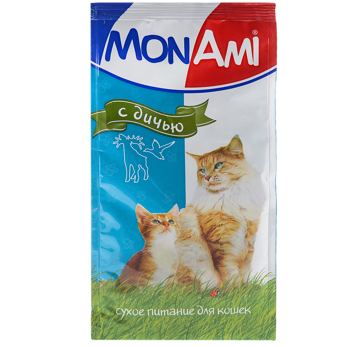 Корм сухой для кошек Mon Ami, с дичью, 400 г59312 Корм сухой для кошек Mon Ami, с дичью, 400 г59312Сухой корм для кошек Mon Ami - это полноценное сбалансированное питание для кошек, разработанное с использованием современных технологий. Особенности рациона: Необходимое сочетание ингредиентов для достижения правильной усвояемости питательных веществ организмом. Источник линолевой кислоты и правильного уровня витаминов группы В благотворно влияют на кожу и шерсть. Состав: злаки, экстракт белка растительного происхождения, мясо и мясопродукты (в т.ч. дичь), подсолнечное масло, минеральные добавки, пульпа сахарной свеклы (жом), витамины, пивные дрожжи, антиоксидант. Анализ: сырой протеин 30%, сырой жир 10%, сырая зола 7%, сырая клетчатка 2,5%, влажность 10%, фосфор 0,9%, кальций 1,05%, витамин А 5000 МЕ/кг, витамин Д 500 МЕ/кг, витамин Е 30 мг/кг. Энергетическая ценность: 333 ккал/100 г. Товар сертифицирован.