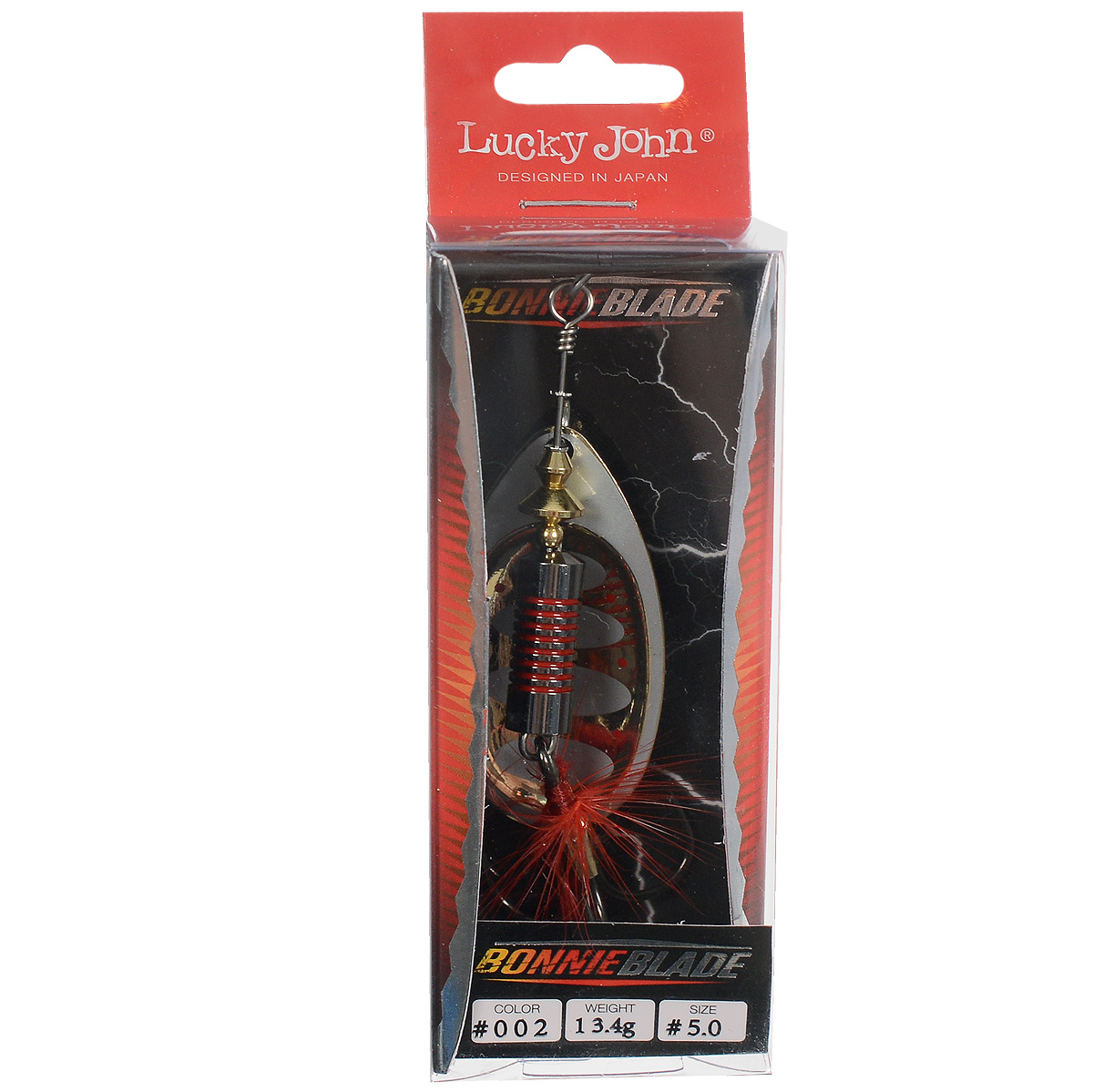 Блесна вращающаяся Lucky John Bonnie Blade, цвет: серебряный, золотой, 13,4 гLJBB05-002 Блесна вращающаяся Lucky John Bonnie Blade, цвет: серебряный, золотой, 13,4 гLJBB05-002Lucky John Bonnie Blade - новая вращающаяся блесна. В этой приманке используются современные конструктивные решения, которые обеспечивают надежную и стабильную игру, и, что самое главное, делают блесну очень привлекательной для любой хищной рыбы. Главный элемент блесны - вращающийся лепесток. Он очень легок, сделан из латуни и обладает хорошими динамическими показателями при вращении в воде, что позволяет делать проводку приманки на минимальной скорости. Лепесток заводится сразу, как только блесна начинает движение. Лепесток окрашен с двух сторон. С какой бы стороны хищная рыба не смотрела на приманку, ее расцветка остается одинаковой и привлекательной, что повышает интерес к блесне и, в итоге, приводит к результативной атаке. Немаловажная деталь - сердечник приманки, от которого зависит вес и дальнобойность блесны, а также ее устойчивость в воде. На тройнике связана яркая мушка, основное предназначение которой - снять последние сомнения у приготовившейся к...