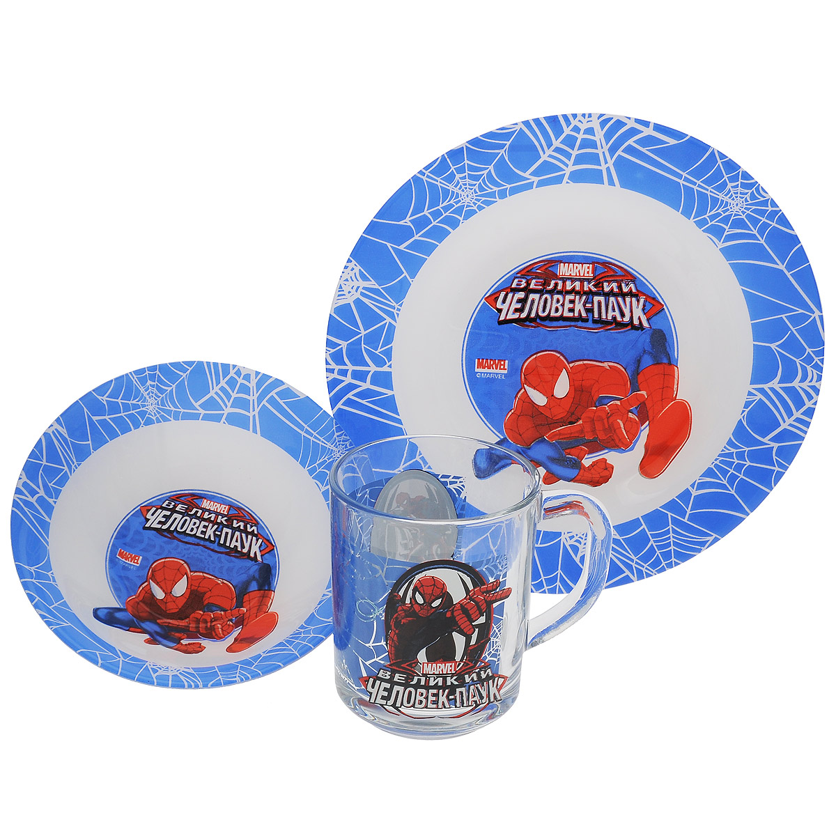 Набор детской посуды Marvel Spider-Man, 3 предмета1053679 Набор детской посуды Marvel Spider-Man, 3 предмета1053679Набор детской посуды Marvel Spider-Man, выполненный из стекла, состоит из кружки, тарелки и салатника. Изделия оформлены изображением героz популярного мультфильма Spider-Man. Материалы изделий нетоксичены и безопасны для детского здоровья. Детская посуда удобна и увлекательна для вашего малыша. Привычная еда станет более вкусной и приятной, если процесс кормления сопровождать игрой и сказками о любимых героях. Красочная посуда является залогом хорошего настроения и аппетита ваших детей. Можно мыть в посудомоечной машине. Диаметр тарелка: 19,5 см. Диаметр салатника: 14 см. Высота салатника: 4,5 см. Объем кружки: 250 мл. Диаметр кружки (по верхнему краю): 7 см. Высота кружки: 9 см.