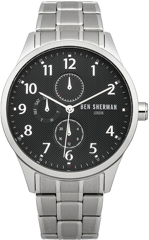 Часы наручные мужские Ben Sherman Spitalfields Multi-Function, цвет: стальной. WB004BMWB004BM Часы наручные мужские Ben Sherman Spitalfields Multi-Function, цвет: стальной. WB004BMWB004BMСтильные мужские наручные часы Ben Sherman Spitalfields Multi-Function со стальным корпусом идеально подойдут для человека, ценящего качественные и практичные вещи. Циферблат изделия оформлен арабскими цифрами, отметками, часовой, минутной и секундной стрелками и дополнен логотипом Ben Sherman. Часы оснащены кварцевым механизмом 6P27 Miyota, устойчивым к царапинам минеральным стеклом, функцией отображения дня недели и индикатора даты. Изделие имеет 12-ти и 24-х часовой формат времени, а также дополнительную шкалу на циферблате от 13 до 24 часов. Модель обладает степенью влагозащиты 5 atm. Изделие дополнено стальным браслетом, который застегивается на складной замок. Часы поставляются на специальной подушечке в стильной коробке с логотипом Ben Sherman. Классический дизайн часов Ben Sherman Spitalfields Multi-Function придаст вам еще больше уверенности и элегантности.