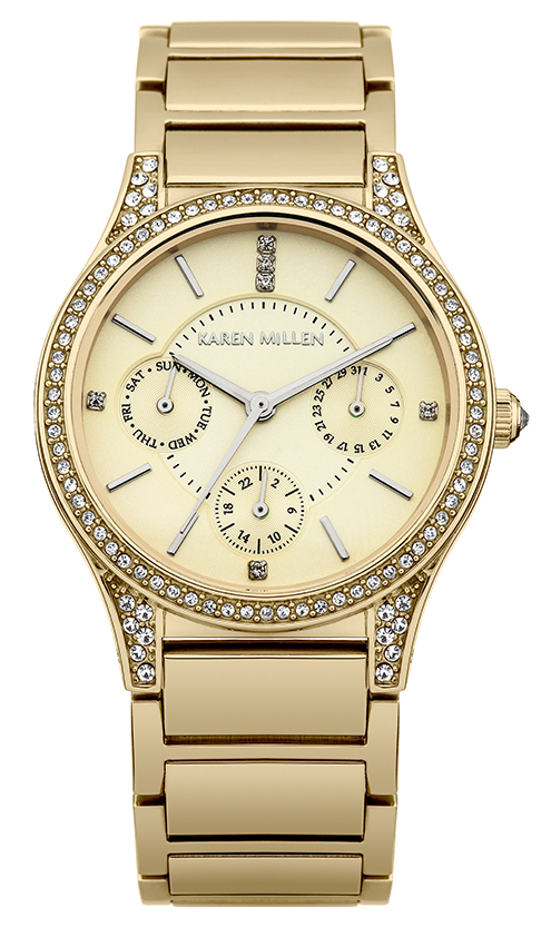 Часы наручные женские Karen Millen, цвет: золотистый. KM107GMKM107GM Часы наручные женские Karen Millen, цвет: золотистый. KM107GMKM107GMВеликолепные женские наручные часы Karen Millen выполнены из нержавеющей стали c IP покрытием. Корпус часов и циферблат украшены кристаллами Swarovski. Циферблат изделия оформлен отметками, часовой, минутной и секундной стрелками. Также циферблат дополнен логотипом Karen Millen. Часы оснащены кварцевым механизмом Miyota 6P29, устойчивым к царапинам минеральным стеклом, стрелочным указателем даты и дня недели. Часы имеют 12-ти и 24-х часовой формат времени. Модель обладает степенью влагозащиты 5 atm. Изделие дополнено стальным браслетом, который застегивается на складной замок. Часы поставляются на специальной подушечке в стильной коробке с логотипом Karen Millen. Стильные часы заставят окружающих обратить на вас внимание.