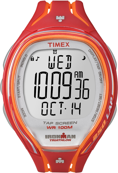 Часы наручные мужские Timex Ironman Sleek 250, цвет: красный, оранжевый. T5K788T5K788 Часы наручные мужские Timex Ironman Sleek 250, цвет: красный, оранжевый. T5K788T5K788Яркие мужские наручные часы Timex Ironman Sleek 250 предназначены для активных людей. Корпус изделия выполнен из прочного пластика. Часы оснащены кварцевым механизмом и электронным циферблатом. Акриловое стекло устойчиво к царапинам. Часы оснащены функцией отображения текущего числа, месяца, дня недели, второго часового пояса, секундомером и будильником. Модель оснащена сплит-хронографом на 100 часов, с памятью на 250 кругов, 8 маркированных интервальных таймеров, с понятными обозначениями - warm (разогрев), slow (медленный), med (средний), fast (быстрый) и cool (остывание). Функция TapScreen позволяет при простом касании стекла отмечать отрезки. Часы имеют встроенную систему напоминаний, память на 5 тренировок и подсветку Indiglo. Модель обладает степенью влагозащиты 100 atm. Изделие дополнено ремешком из силикона, позволяющим максимально комфортно и быстро снимать и одевать часы при помощи пряжки. Часы поставляются в фирменной коробке. ...