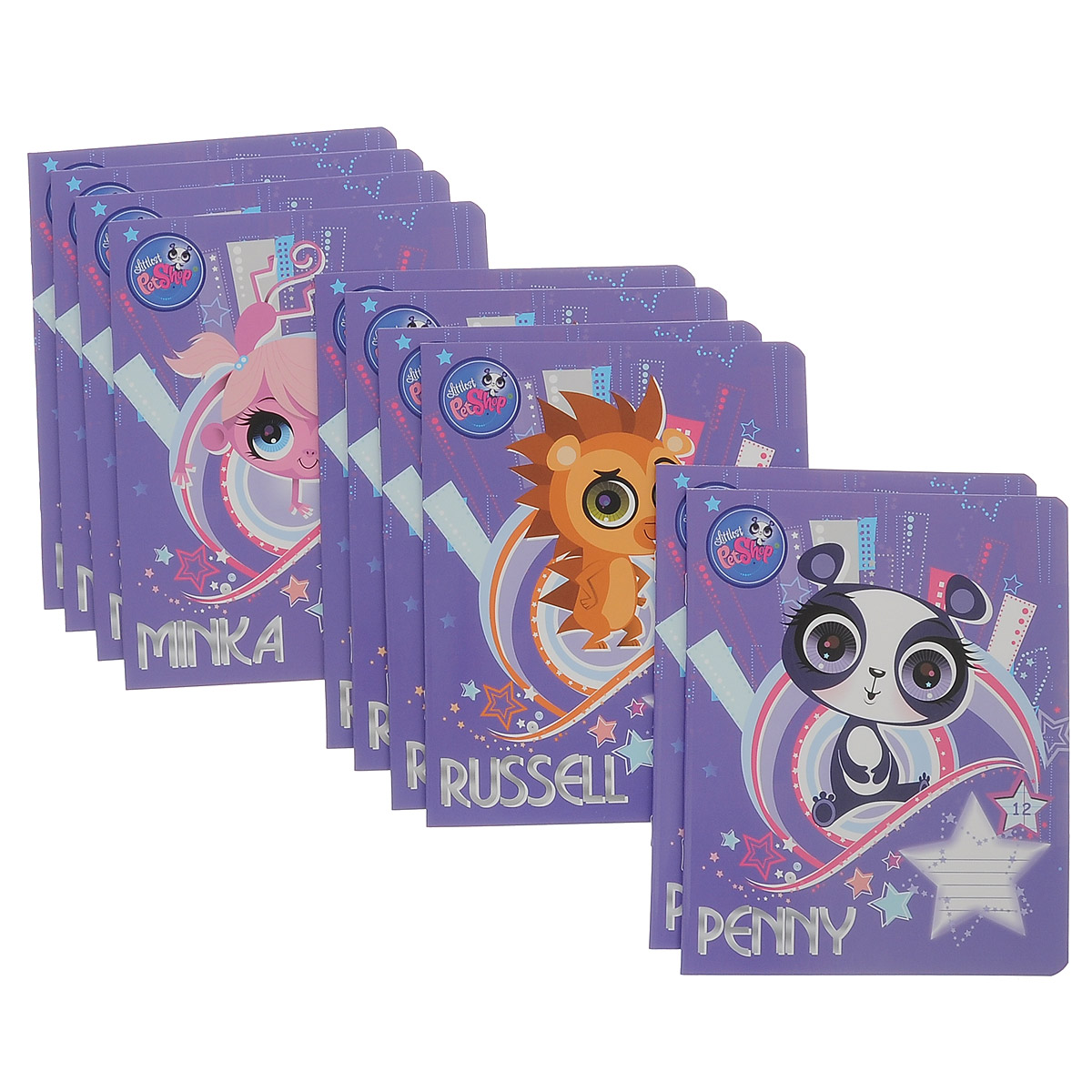 Littlest Pet Shop Набор тетрадь Russell, Penny, Minka 12 листов в клетку 10 шт125032_Панда/Ежик на буквах Littlest Pet Shop Набор тетрадь Russell, Penny, Minka 12 листов в клетку 10 шт125032_Панда/Ежик на буквахТетрадь в линейку Littlest Pet Shop: Russell, Penny, Minka идеально подойдет для занятий школьнику или студенту. Обложка, выполненная из плотного мелованного картона, позволит сохранить тетрадь в аккуратном состоянии на протяжении всего времени использования. Закругленные уголки также повышают износостойкость и предотвращают загибание. Лицевая сторона оформлена изображением очаровательных зверушек - героев мультфильма Littlest Pet Shop. Внутренний блок состоит из 12 листов белой бумаги в фиолетовую линейку с полями. В комплект входят 10 тетрадей.