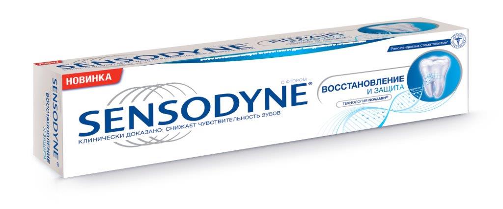 Sensodyne Зубная паста Восстановление и защита 75 мл2004012173 Sensodyne Зубная паста Восстановление и защита 75 мл2004012173• Первая фторсодержащая зубная паста c применением уникальной передовой кальций- фосфатной технологии NovaMin® • Уникальный состав, содержащий NovaMin® и фтор, восстанавливает оголённый дентин пациентов и защищает от боли при повышенной чувствительности зубов • Содержит компонент NovaMin® с доказанной способностью образовывать прочный подобный гидроксиапатиту слой на поверхности оголённого дентина и внутри дентинных канальцев • Крепко связывается с коллагеном дентина, помогая противостоять ежедневным нагрузкам в полости рта • Обеспечивает клинически доказанное снижение чувствительности зубов