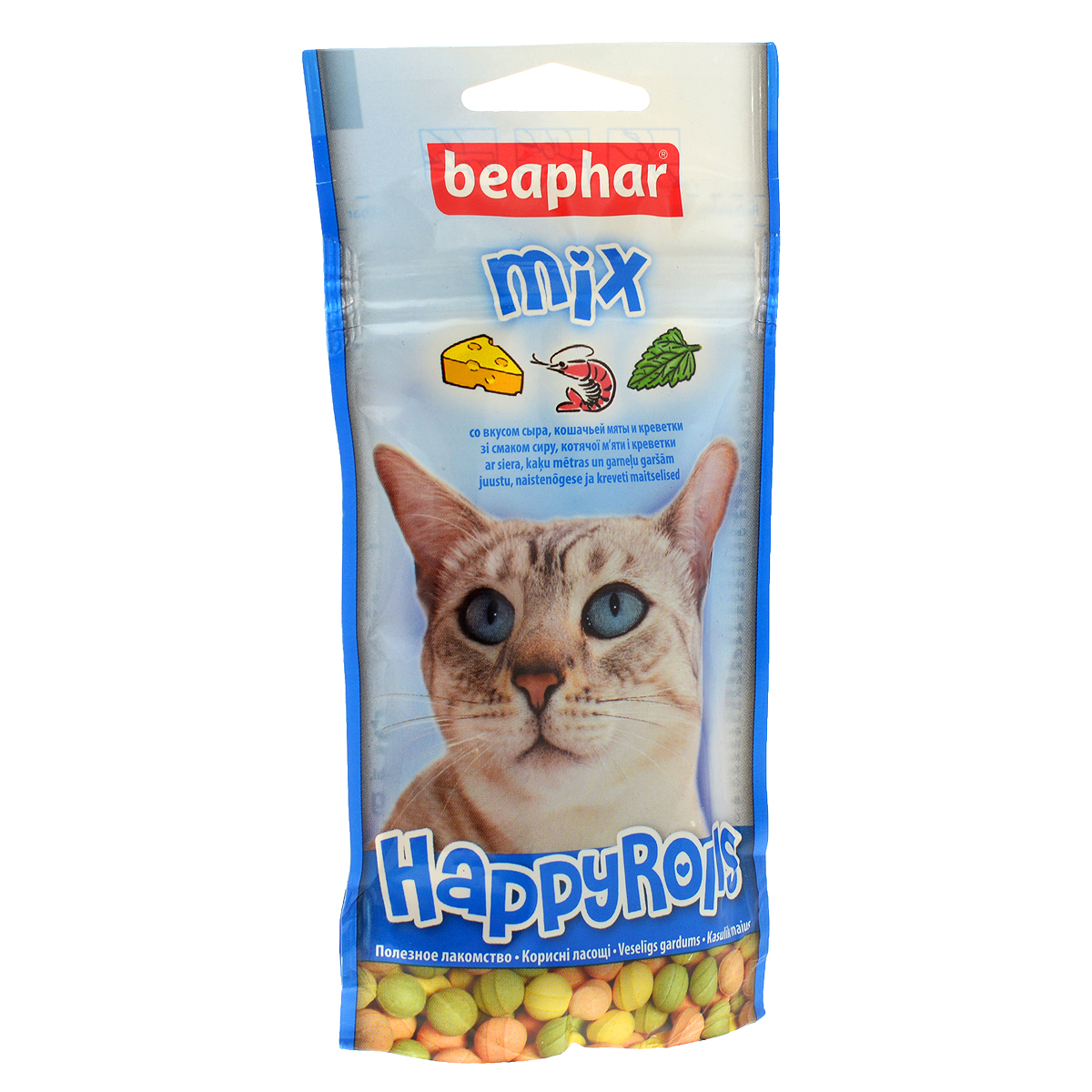 Лакомство для кошек Beaphar Happy Rolls Mix, цвет: синий, 80 шт13184_синий Лакомство для кошек Beaphar Happy Rolls Mix, цвет: синий, 80 шт13184_синийЛакомство Beaphar Happy Rolls Mix с креветками, сыром и кошачьей мятой для кошек очень вкусно и полезно. Оно содержит витамины, минералы и микроэлементы. Улучшает настроение, а также помогает уберечь кошку от стрессов. Применяется в качестве лакомства для кошек, начиная с 6-месячного возраста. Состав: молоко и молочные продукты, сахар, минералы, мясо и мясопродукты (более 4% ливер), рыба и рыбопродукты (более 4% креветок). Анализ: протеин (8,8%), жиры (2,8%), клетчатка (7,4%), зола (12,8%), влага (4,7%), кальций (1,8%), фосфор (1,3%), натрий (0,2%). Добавки: микрокристаллическая целлюлоза Е 460, стеарат кальция E 470. Количество в упаковке: 80 шт. Товар сертифицирован.