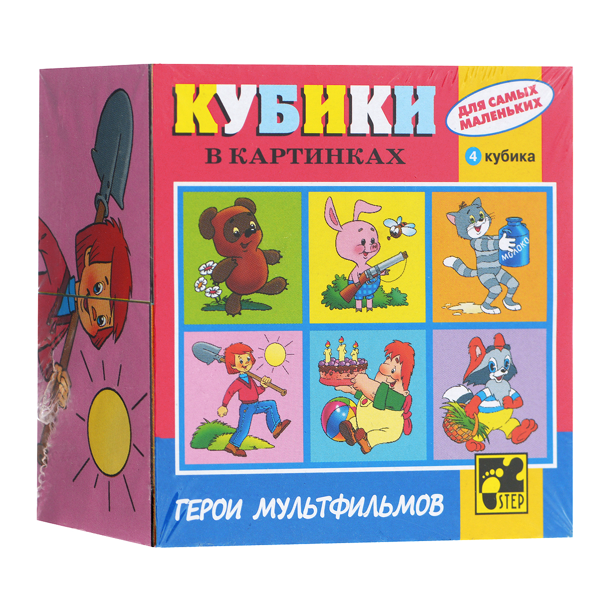 Кубики StepPuzzle Герои мультфильмов, 4 шт. 8731487314_герои мультфильмов Кубики StepPuzzle Герои мультфильмов, 4 шт. 8731487314_герои мультфильмовКубики StepPuzzle Герои мультфильмов включают в себя 4 кубика, на каждой грани которых расположен элемент рисунка. Составляя кубики, малыш сможет собрать 6 красочных картинок с изображением героев любимых мультфильмов. Кубики выполнены из прочного безопасного пластика. Их грани идеально ровные, малышу непременно понравится держать их в руках, рассматривать и строить из них различные конструкции. А собирание ярких картинок с любимыми героями поможет малышу развить навыки логического мышления и поможет ему познакомиться с разными цветами и их названиями. Игры с кубиками развивают мелкую моторику рук, цветовое восприятие и пространственное мышление. Ребенку непременно понравится учиться и играть с кубиками, такие игры не только надолго займут внимание малыша, но и помогут ему развить мелкую моторику, пространственное мышление, зрительное и тактильное восприятие, а также воображение и координацию движений.
