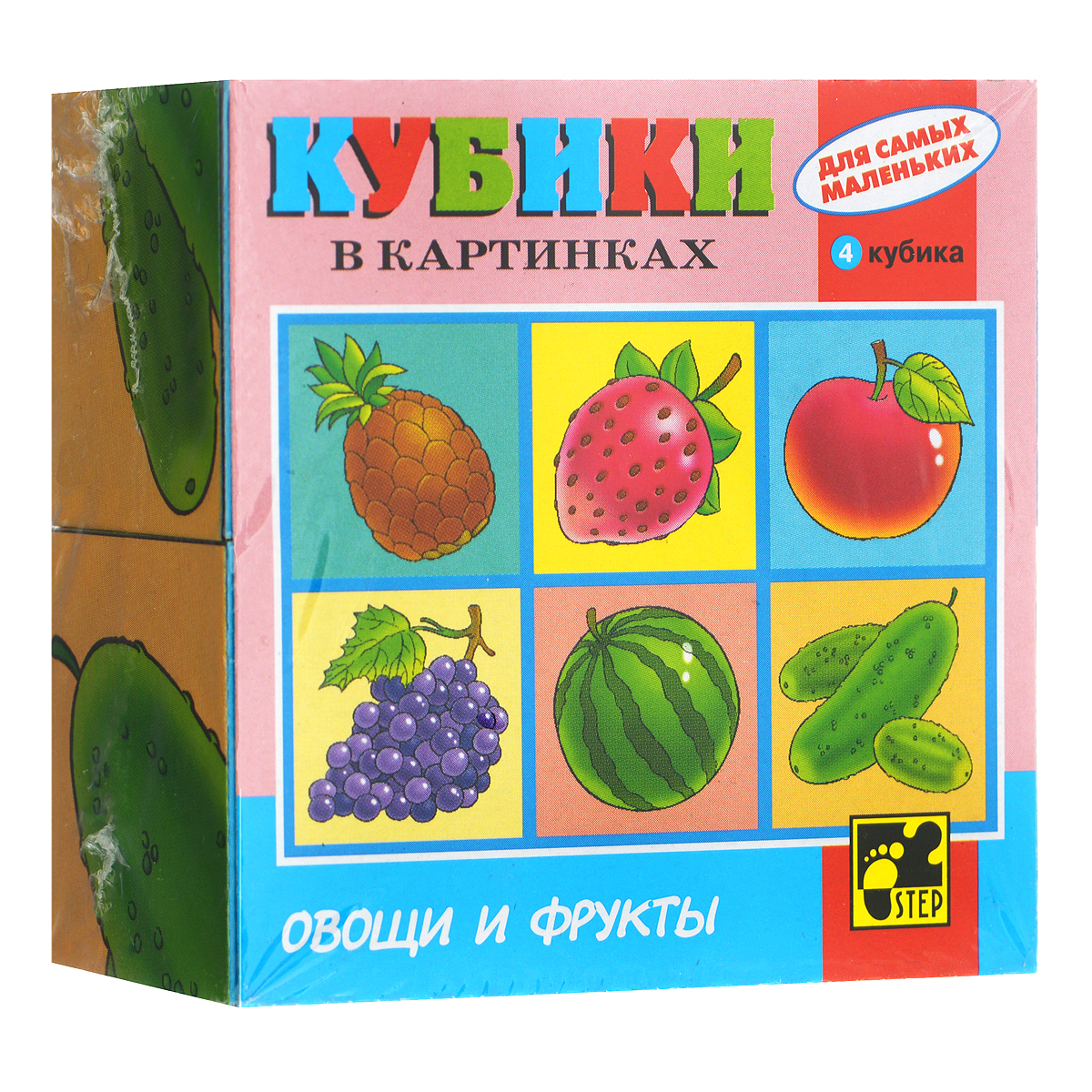 Кубики StepPuzzle Овощи и фрукты87315_овощи и фрукты Кубики StepPuzzle Овощи и фрукты87315_овощи и фруктыКубики StepPuzzle Овощи и фрукты включают в себя 4 кубика, на каждой грани которых расположен элемент рисунка. Составляя кубики, малыш сможет собрать 6 красочных картинок с изображением различных овощей и фруктов. Кубики выполнены из прочного безопасного пластика. Их грани идеально ровные, малышу непременно понравится держать их в руках, рассматривать и строить из них различные конструкции. А собирание ярких картинок поможет малышу развить навыки логического мышления и поможет ему познакомиться с разными цветами и их названиями. Игры с кубиками развивают мелкую моторику рук, цветовое восприятие и пространственное мышление. Ребенку непременно понравится учиться и играть с кубиками, такие игры не только надолго займут внимание малыша, но и помогут ему развить мелкую моторику, пространственное мышление, зрительное и тактильное восприятие, а также воображение и координацию движений.