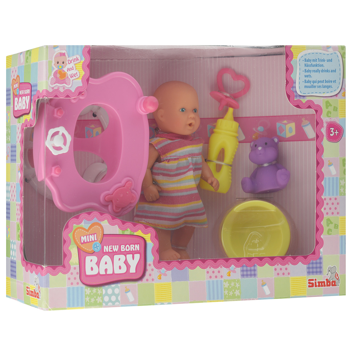 Simba Игровой набор Новорожденный: ходунки5039806_ходунки Simba Игровой набор Новорожденный: ходунки5039806_ходункиИгровой набор с новорожденным пупсом Simba обязательно понравится вашей малышке. Туловище и одежда куклы изготовлены из материалов, которые абсолютно безвредны для ребенка. В наборе с куклой имеются: ходунки, бутылочка, горшок, пустышка и игрушка. Кукла умеет пить из бутылочки и писать в горшок. Во время игры с набором у девочки будут развиваться такие черты характера как аккуратность, заботливость и ответственность, ведь куколка нуждается в постоянной заботе и внимании. Ваша дочурка с радостью будет ухаживать, кормить и играть в дочки-матери с таким очаровательным пупсом.