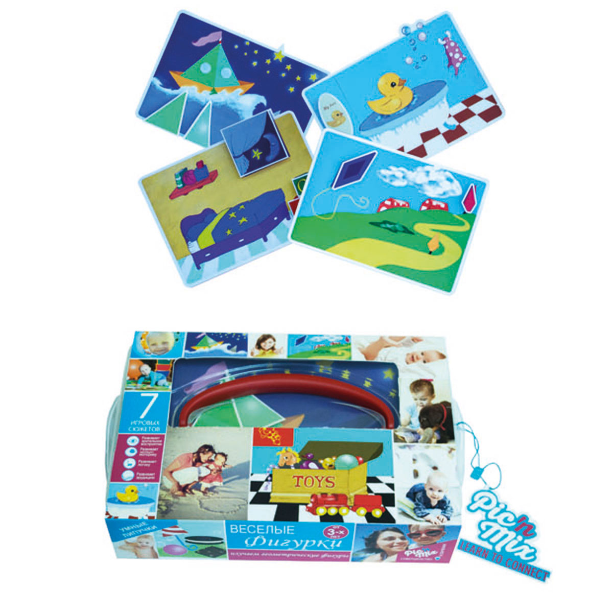 Picnmix Обучающая игра Веселые фигурки112008 Picnmix Обучающая игра Веселые фигурки112008Обучающая игра паззл-липучка состоит из 7 игровых полей, на которые необходимо прикрепить при помощи липучек недостающие элементы, чтобы получилось законченное изображение. Собирая сюжетные картинки, ребенок изучает названия и формы геометрических фигур на примере предметов окружающей обстановки. Развивает следующие навыки: логическое мышление, восприятие формы и цвета, зрительную память, речевое общение, мелкую моторику рук. Игра комплектуется инструкцией - методическим пособием, которая не только описывает правила игры, но и предлагает сценарий её проведения, который в форме увлекательных историй даёт ребенку информацию о простых геометрических фигурах и в каких предметах, окружающей нас обстановки, мы их можем увидеть. После того, как малыш выполнит все игровые задания, он сможет определять простые геометрические фигуры и находить их в окружающих предметах. Игра может также использоваться в процессе обучения иностранному языку.