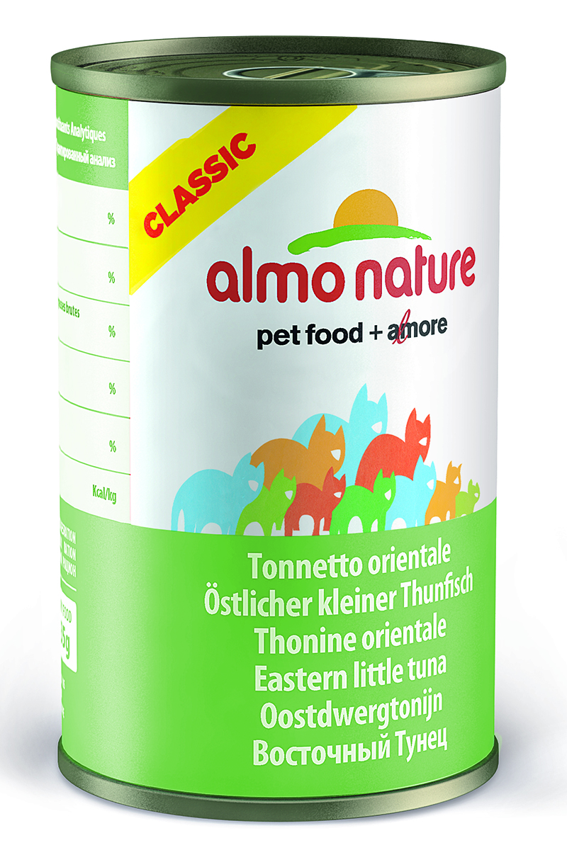 Консервы для кошек Almo Nature Classic, с пятнистым индо-тихоокеанским тунцом, 140 г20076 Консервы для кошек Almo Nature Classic, с пятнистым индо-тихоокеанским тунцом, 140 г20076Консервы Almo Nature Classic - это супер-премиум корм для кошек в банке с ключом, которая сохраняет свежесть каждого кусочка. Корм изготовлен только из свежих высококачественных натуральных ингредиентов, что обеспечивает здоровье вашей кошки. Не содержит ГМО, антибиотиков, химических добавок, консервантов и красителей. Состав: пятнистый индо-тихоокеанский тунец 55%, рыбный бульон 24%, рис 1%. Гарантированный анализ: белки 20%, клетчатка 0,1%, жиры 0,5%, зола 2%, влажность 77%. Товар сертифицирован.