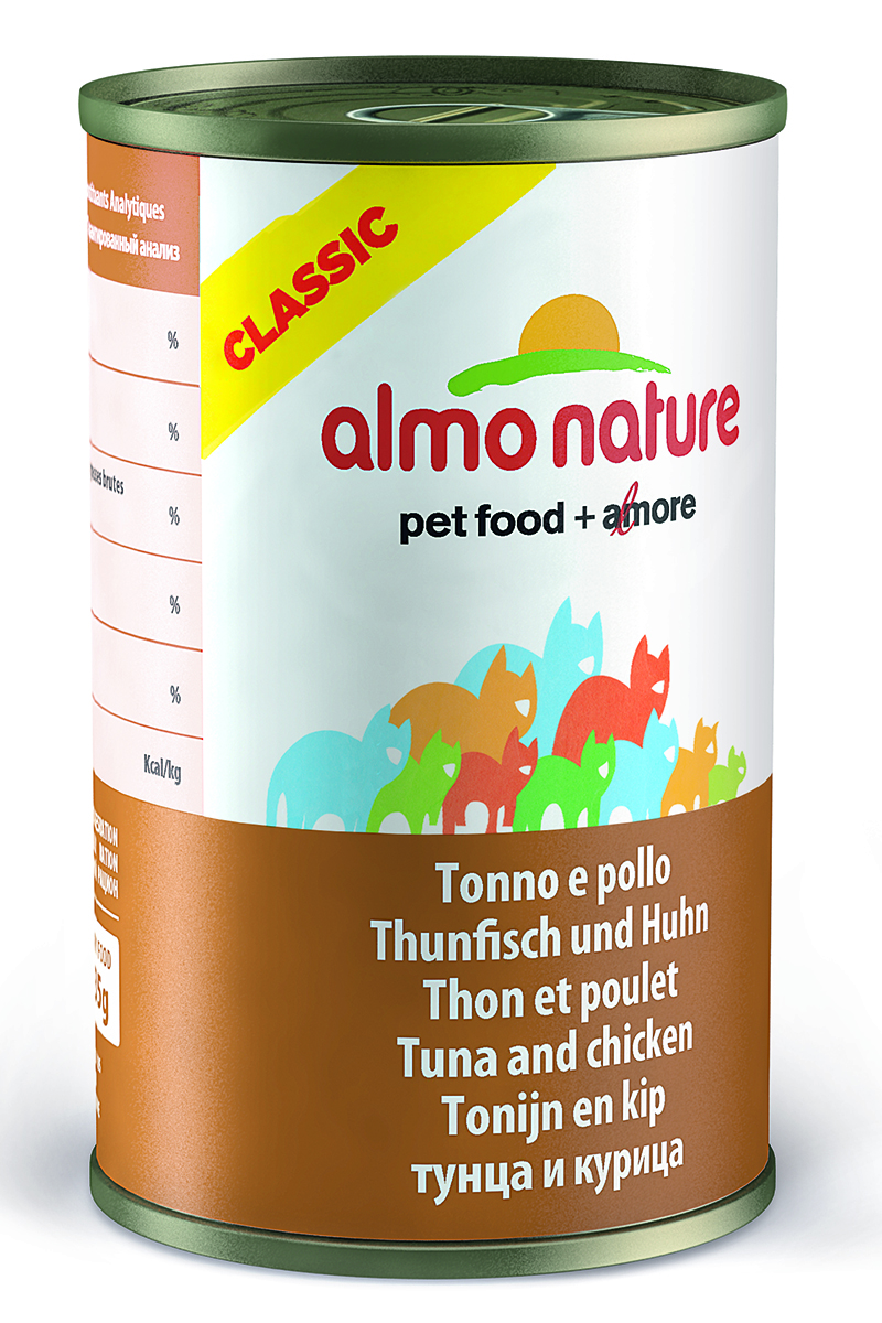 Консервы для кошек Almo Natureс Classic, с тунцом и курицей, 140 г20082 Консервы для кошек Almo Natureс Classic, с тунцом и курицей, 140 г20082Консервы Almo Nature Classic - сбалансированный влажный корм для кошек, изготовленный из ингредиентов высшего качества, являющихся натуральными источниками витаминов и питательных веществ. Состав: куриное филе 50%, рыбный бульон 42%, тунец 5%, рис 3%. Гарантированный анализ: белок – 14%, клетчатка - 0,5%, жиры – 0,5%, зола – 2%, влажность - 83%. Калорийность – 530 ккал/кг. Товар сертифицирован.