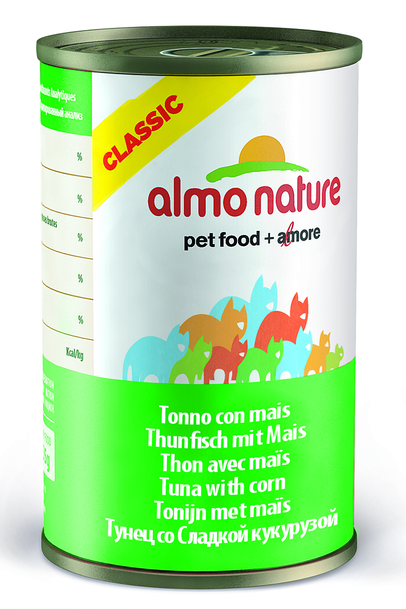 Консервы для кошек Almo Natureс Classic, с тунцом и кукурузой, 140 г20333 Консервы для кошек Almo Natureс Classic, с тунцом и кукурузой, 140 г20333Консервы Almo Nature Classic - сбалансированный влажный корм для кошек, изготовленный из ингредиентов высшего качества, являющихся натуральными источниками витаминов и питательных веществ. Состав: тунец 50%, рыбный бульон 42%, маис 5%, рис 3%. Гарантированный анализ: белки 12%, клетчатка 0.1%, масла и жиры 0.3%, зола 1.4%, влажность 83%. Калорийность: 450 ккал/кг. Товар сертифицирован.