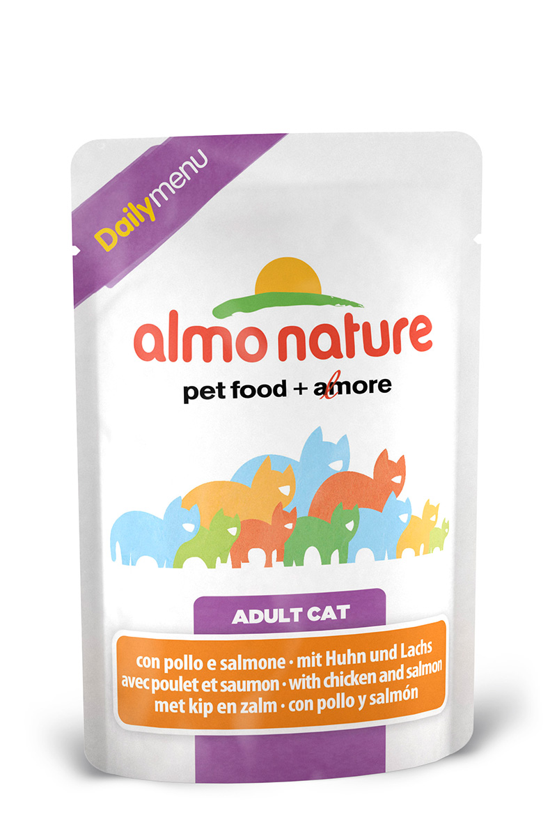 Консервы для кошек Almo Nature Daily Menu, с курицей и лососем, 70 г22524 Консервы для кошек Almo Nature Daily Menu, с курицей и лососем, 70 г22524Консервы Almo Nature Daily Menu - это супер-премиум корм для кошек. Корм изготовлен только из свежих высококачественных натуральных ингредиентов, что обеспечивает здоровье вашей кошки. Не содержит химических, или каких-либо других искусственных ингредиентов. Состав: морская рыба > 6%, тунец > 4%, лосось > 4%, курица > 13%, кукурузный глютен, яйца, морковь - 1,6%, горох - 1,6%, рис - 1,4%. Гарантированный анализ: белки – 11%, клетчатка - 1%, жиры - 3%, зола - 3%, влажность – 80%. Калорийность: 710 ккал/кг. Товар сертифицирован.