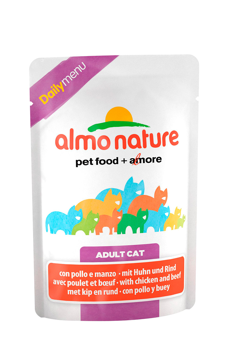 Консервы для взрослых кошек Almo Nature Daily, с курицей и говядиной, 70 г22525 Консервы для взрослых кошек Almo Nature Daily, с курицей и говядиной, 70 г22525Консервы Almo Nature Daily - это корм, рекомендованный взрослым кошкам. Угощение изготавливается из свежих и натуральных ингредиентов, которые были упакованы сырыми, затем стерилизованы, чтобы сохранить питательные вещества и вкус. Ваш питомец будет в полном восторге. Не содержит сои, консервантов, ароматизаторов, искусственных красителей, усилителей вкуса. Состав: курица >13%, говядина >4%, морская рыба >6%, тунец >4%, кукурузный глютен, яйца, морковь -1,6%, горох - 1,6%, рис - 1,4%. Гарантированный анализ: белки – 11%, клетчатка - 1%, жиры - 3%, зола - 3%, влажность – 80%. Товар сертифицирован.
