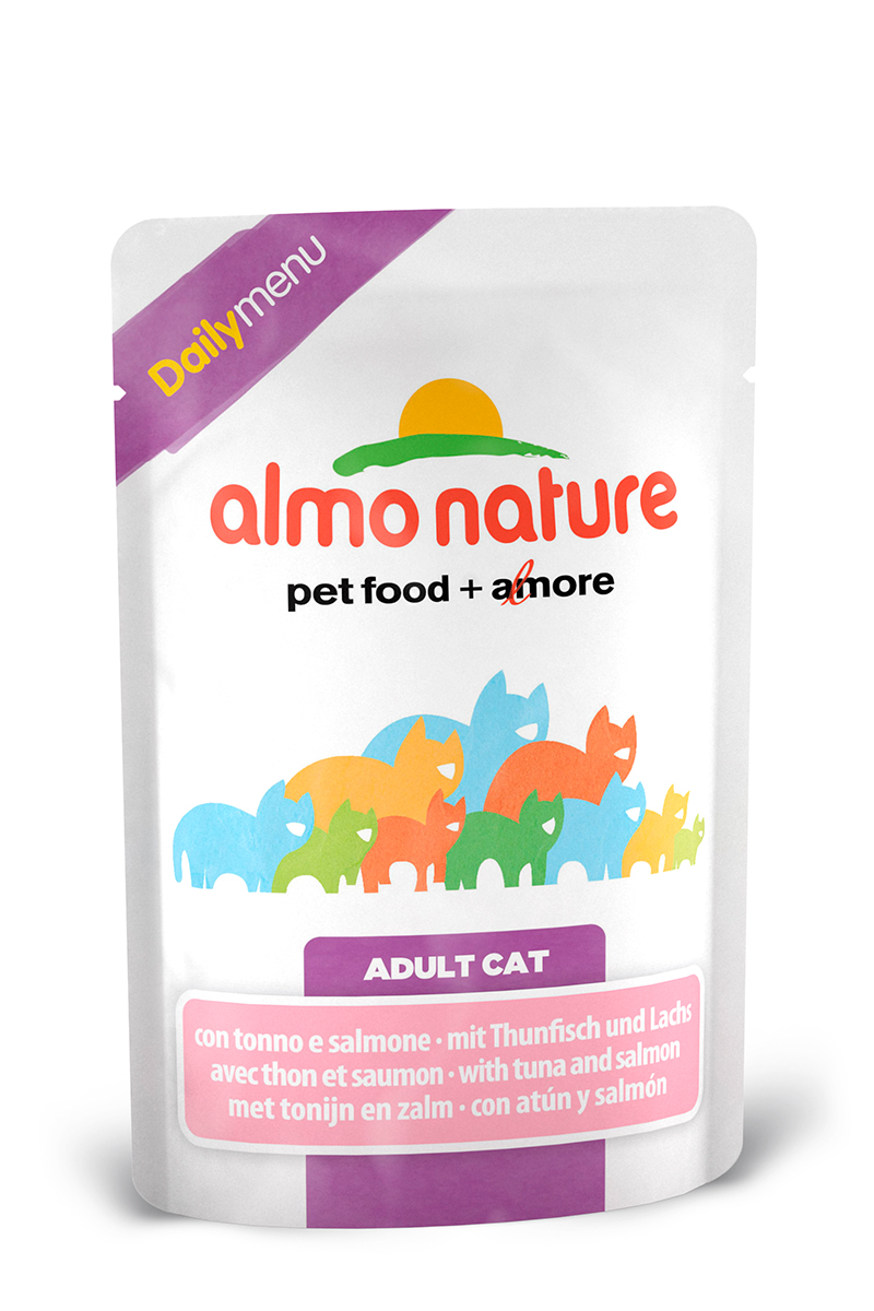Консервы для взрослых кошек Almo Nature Daily, с тунцом и лососем, 70 г22526 Консервы для взрослых кошек Almo Nature Daily, с тунцом и лососем, 70 г22526Консервы Almo Nature Daily - это корм, рекомендованный взрослым кошкам. Угощение изготавливается из свежих и натуральных ингредиентов, которые были упакованы сырыми, затем стерилизованы, чтобы сохранить питательные вещества и вкус. Ваш питомец будет в полном восторге. Не содержит сои, консервантов, ароматизаторов, искусственных красителей, усилителей вкуса. Состав: тунец >9%, морская рыба >7%, лосось >4%, курица >7%, кукурузный глютен, яйца, морковь -1,6%, горох - 1,6%, рис - 1,4%. Гарантированный анализ: белки – 11%, клетчатка - 1%, жиры - 3%, зола - 3%, влажность – 80%. Товар сертифицирован.