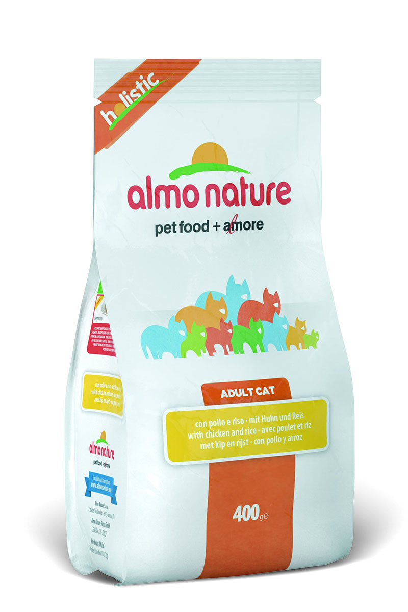 Корм сухой Almo Nature Holistic для взрослых кошек, с курицей и коричневым рисом, 400 г22588 Корм сухой Almo Nature Holistic для взрослых кошек, с курицей и коричневым рисом, 400 г22588Полнорационный корм Almo Nature Holistic рекомендован для взрослых кошек. Корм содержит большой процент свежего мяса, что обеспечивает необходимым количеством питательных веществ и оптимальным содержанием протеина. Прекрасный вкус обеспечивается за счет свежих натуральных ингредиентов. Не содержит искусственных добавок, красителей, ароматизаторов, консервантов. Состав: мясо курицы и ее производные 56% (из которых 26% свежего мяса, 30% дегидрированного мяса), злаки (рис 14%, ячмень), растительный протеиносодержащий экстракт, жиры, минералы, маннанолигосахариды, фруктоолигосахариды. Пищевые добавки: таурин 1170 мг/кг, DL - метионин 1120 мг/кг, витамин А 3760 МЕ/кг, витамин D3 2275 МЕ/кг, витамин Е 210 мг/кг. Микроэлементы: йодат кальция, безводный 1,64 мг/кг, селенит натрия 0,53 мг/кг, сульфат железа моногидрат 321мг/кг, сульфат меди пентогидрат 42 мг/кг, аминокислотный-меди хелат, гидрат 53 мг/кг, аминокислотный-цинка хелат, гидрат 356 мг/кг,...