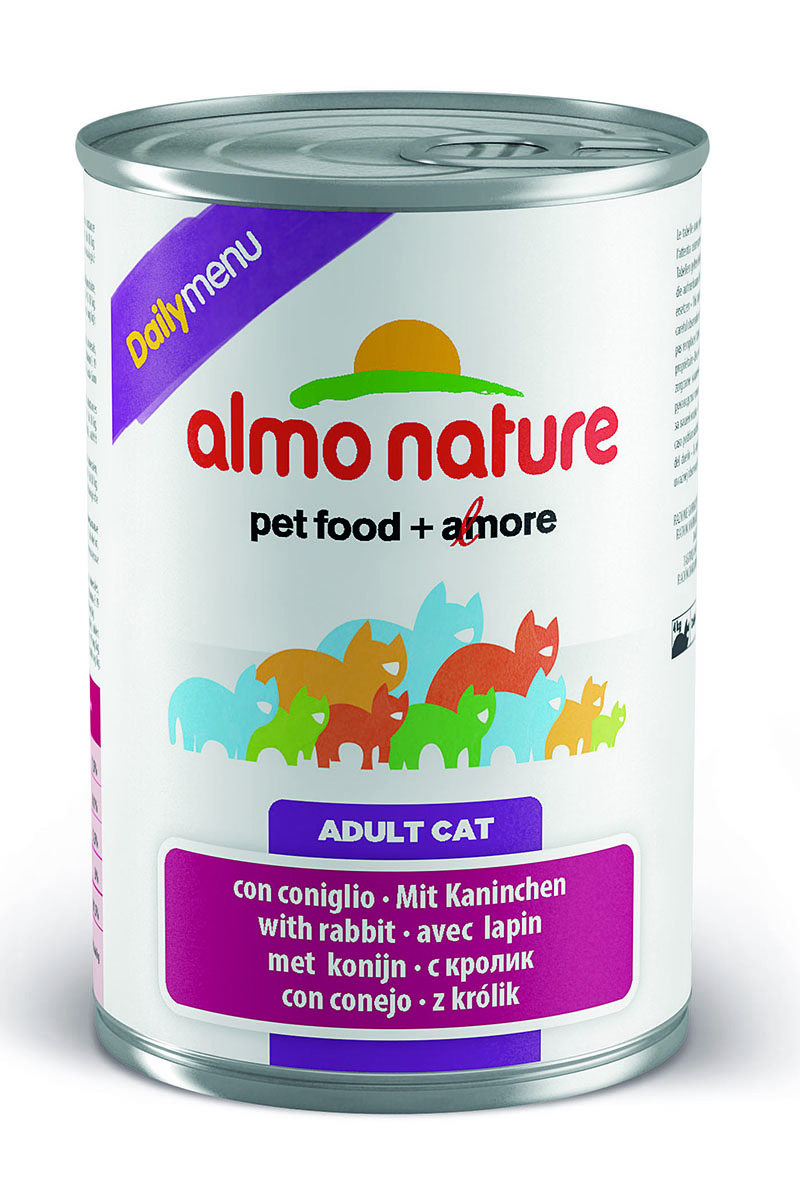 Консервы для кошек Almo Nature Daily Menu, с кроликом, 400 г24068 Консервы для кошек Almo Nature Daily Menu, с кроликом, 400 г24068Консервы Almo Nature Daily Menu - это супер-премиум корм для кошек в банке с ключом, которая сохраняет свежесть каждого кусочка. Корм изготовлен только из свежих высококачественных натуральных ингредиентов, что обеспечивает здоровье вашей кошки. Не содержит химических, или каких-либо других искусственных ингредиентов. Состав: мясо и его производные, яйца и яичные продукты, минералы, сахар. Добавки: витамин A 1.415 UI/kg, витамин D3 3150 UI/kg, витамин E 19 мг/кг, сульфат меди пентагидрат 3,2 мг/кг (Cu 0,8 мг/кг). Технологические добавки: камедь кассии 3000 мг/кг. Пищевая ценность: белки 7,5%, клетчатка 0,1%, жиры 5,5%, зола 3%, влажность 81.5%. Калорийность: 814ккал/кг. Калорийность: 814 ккал/кг. Товар сертифицирован.