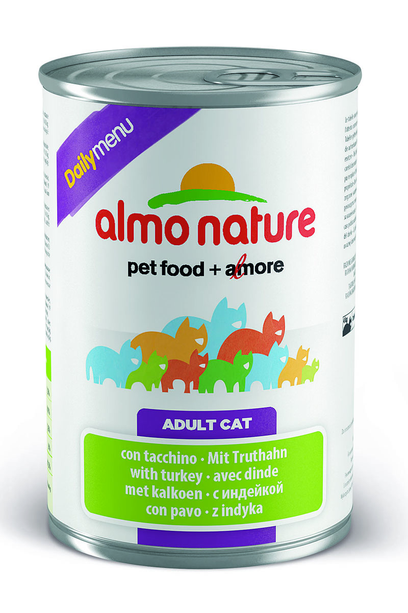 Консервы для кошек Almo Nature Daily Menu, с индейкой, 400 г24070 Консервы для кошек Almo Nature Daily Menu, с индейкой, 400 г24070Консервы Almo Nature Daily Menu - это супер-премиум корм для кошек в банке с ключом, которая сохраняет свежесть каждого кусочка. Корм изготовлен только из свежих высококачественных натуральных ингредиентов, что обеспечивает здоровье вашей кошки. Не содержит химических, или каких-либо других искусственных ингредиентов. Состав: мясо и его производные, яйца, минералы, сахар. Пищевые добавки: витамин А - 1415 МЕ/кг, витамин D3 - 3150 МЕ/кг, витамин Е - 3,2 мг/кг, сульфат меди пентагидрат - 3,2 мг/кг (CU 0.8 мг/кг), камедь кассии - 3000 мг/кг. Гарантированные анализ: белки - 7,5%, клетчатка - 0,1%, жиры - 5,5%, зола - 3%, влага - 81,5%. Калорийность - 814 ккал/кг. Товар сертифицирован.