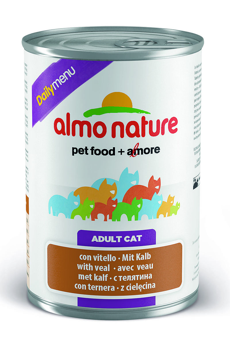 Консервы для кошек Almo Nature Daily Menu, с телятиной, 400 г24071 Консервы для кошек Almo Nature Daily Menu, с телятиной, 400 г24071Консервы Almo Nature Daily Menu - это супер-премиум корм для кошек в банке с ключом, которая сохраняет свежесть каждого кусочка. Корм изготовлен только из свежих высококачественных натуральных ингредиентов, что обеспечивает здоровье вашей кошки. Не содержит химических, или каких-либо других искусственных ингредиентов. Состав: мясо и его производные, яйца, минералы, сахар. Пищевые добавки: витамин А - 1415 МЕ/кг, витамин D3 - 3150 МЕ/кг, витамин Е - 3,2 мг/кг, сульфат меди пентагидрат - 3,2 мг/кг (CU 0.8 мг/кг), камедь кассии - 3000 мг/кг. Гарантированные анализ: белки – 7,5%, клетчатка – 0,1%, жиры – 5,5%, зола – 3%, влага – 81,5%. Калорийность: 814 ккал/кг. Товар сертифицирован.