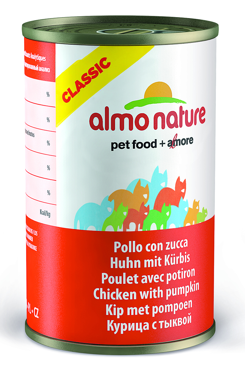 Консервы для кошек Almo Natureс Classic, с курицей и тыквой, 140 г25042 Консервы для кошек Almo Natureс Classic, с курицей и тыквой, 140 г25042Консервы Almo Nature Classic - сбалансированный влажный корм для кошек, изготовленный из ингредиентов высшего качества, являющихся натуральными источниками витаминов и питательных веществ. Состав: куриное филе 50%, куриный бульон 42%, тыква 5%, рис 3%. Гарантированный анализ: белок – 12%, клетчатка - 0,5%, жиры – 0,5%, зола – 2%, влажность - 84%. Калорийность – 460 ккал/кг. Товар сертифицирован.