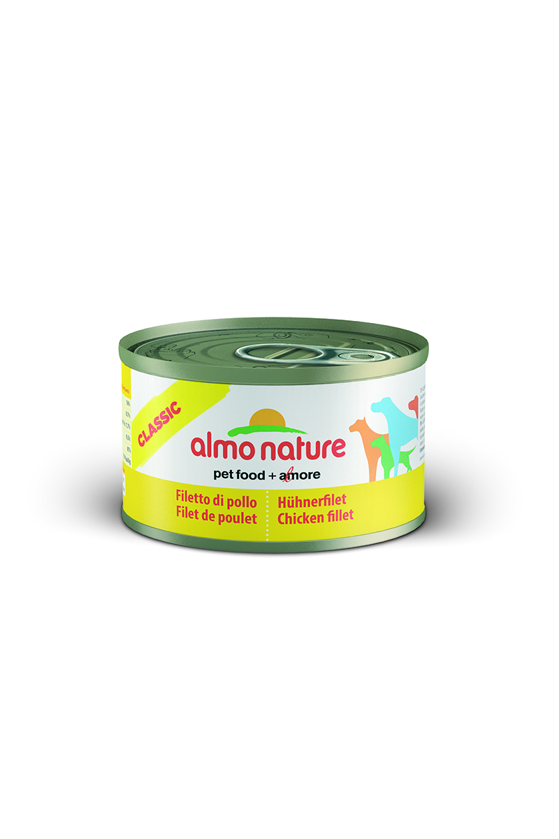 Консервы для собак Almo Nature Classic, с куриным филе, 95 г10179 Консервы для собак Almo Nature Classic, с куриным филе, 95 г10179Консервы Almo Nature Classic - сбалансированный влажный корм для собак, изготовленный из ингредиентов высшего качества, являющихся натуральными источниками витаминов и питательных веществ. Состав: куриное филе - 50%, куриный бульон - 47%, рис - 3%. Гарантированный анализ: белки - 17%, клетчатка - 1%, жиры - 0,5%, зола - 3%, влажность - 81%. Калорийность - 637 ккал/кг. Товар сертифицирован.