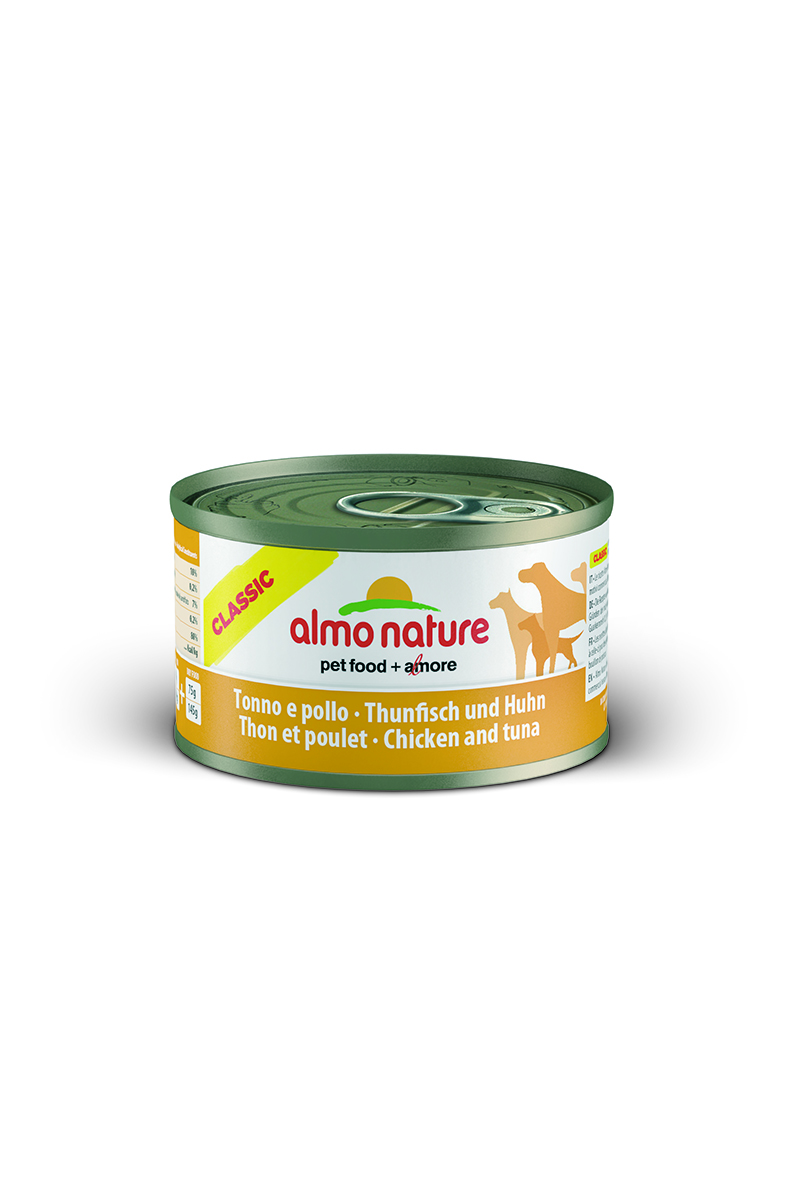 Консервы для собак Almo Nature Classic, с тунцом и курицей, 95 г10181 Консервы для собак Almo Nature Classic, с тунцом и курицей, 95 г10181Консервы Almo Nature Classic - сбалансированный влажный корм для собак, изготовленный из ингредиентов высшего качества, являющихся натуральными источниками витаминов и питательных веществ. Состав: филе из тунца - 25% мин., куриное филе - 25% мин., рис - 3% мин., гуаровая камедь - 0,2%, бульон из тунца. Гарантированный анализ: белки - 10%, клетчатка - 0,2%, жиры - 7%, зола - 0,5%, влажность - 80%. Калорийность - 532 ккал/кг. Товар сертифицирован.