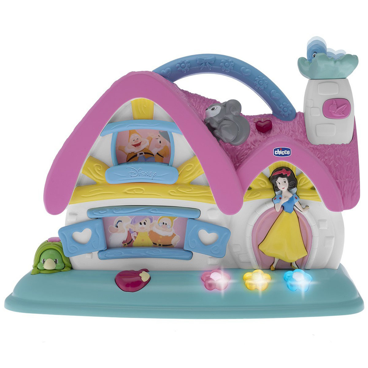 Chicco Игрушка музыкальная Домик Белоснежки и 7 гномов00007599000000 Chicco Игрушка музыкальная Домик Белоснежки и 7 гномов00007599000000Яркая музыкальная игрушка Домик Белоснежки и 7 гномов выполнена из пластика яркого двухэтажного домика. Домик оснащен надежной ручкой, чтобы ребенок мог с удобством перенести его с места на место. Музыкальный домик воплощает в жизнь историю из всеми любимой волшебной истории. Игрушка предусматривает 10 разнообразных игр для развития мелкой моторики. Среди них открывающиеся и закрывающиеся окошки, и выпрыгивающие детали, благодаря которым малыши учатся устанавливать причинно-следственную связь между явлениями. А также 15 мелодий и звуковых эффектов, чтобы открывать чудесный мир сказки о Белоснежке было еще веселее. Музыкальная игрушка Домик Белоснежки и 7 гномов поможет малышу развить цветовое и звуковое восприятия, мелкую моторику рук и тактильные ощущения. Работает от 3 батареек типа AA (входят в комплект).