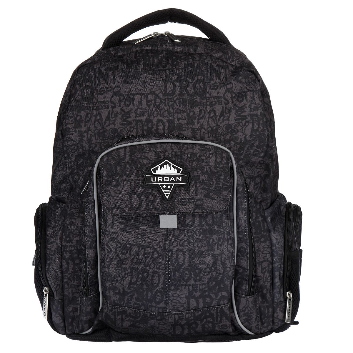Рюкзак подростковый Proff Urban Style, цвет: серый, черный. UW15-BP-20UW15-BP-20 Рюкзак подростковый Proff Urban Style, цвет: серый, черный. UW15-BP-20UW15-BP-20Рюкзак подростковый Proff Urban Style станет надежным спутником в получении знаний. Он выполнен из полиэстера, имеет оригинальное оформление. Рельеф спинки рюкзака удобен для позвоночника. Рюкзак имеет одно большое отделение, которое закрывается на молнию. Внутри большого отделения расположен сквозной накладной карман на липучке, два небольших кармана для мелочи, три кармашка для ручек или карандашей, а также карабин для ключей. Помимо основного отделения, рюкзак имеет один внешний карман на молнии и один на липучке с лицевой стороны, и по два боковых кармана с каждой стороны, один на молнии, один на липучке. Рюкзак оснащен широкими плечевыми ремнями с поролоновым наполнителем, которые регулируются по длине, и мягкой ручкой для переноски в руке, а удобная спинка анатомической формы будет оберегать вашу спину при длительных нагрузках.