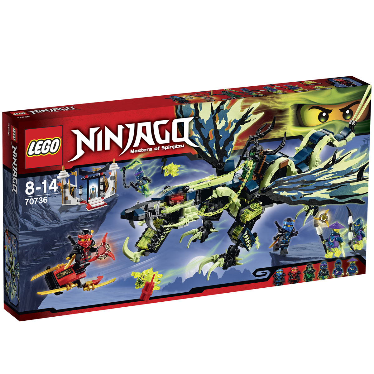 LEGO NINJAGO Конструктор Атака Дракона Морро 7073670736 LEGO NINJAGO Конструктор Атака Дракона Морро 7073670736Конструктор Атака Дракона Морро станет отличным подарком фанатам серии LEGO NINJAGO! В гробнице Первого Мастера Кружитцу спрятан голубой Кристалл Мира, символизирующий порядочность и честность каждого ниндзя. Чтобы завладеть этим сокровищем, Злой Зелёный Ниндзя оседлал самого страшного и свирепого Призрачного дракона. Его тело, созданное из сине- чёрных деталей, имеет салатовые полосы, повторяющие петляющие движения змеи. Спереди видна огромная голова с красными глазами, ядовитыми клыками и открывающейся пастью. Благодаря шарнирному строению шеи, чудовище может поворачиваться в любую сторону, высматривая врагов. На спине дракона закреплено седло, украшенное острыми рогами. К нему тянутся прозрачные цепи, выполняющие функцию поводьев. Ноги призрачного змея тоже имеют несколько шарнирных сочленений, позволяющих принимать реалистичные боевые позы и не терять равновесия. Кроме того, они снабжены острыми шпорами, цепкими когтями и ядовитыми шипами, вселяющими...