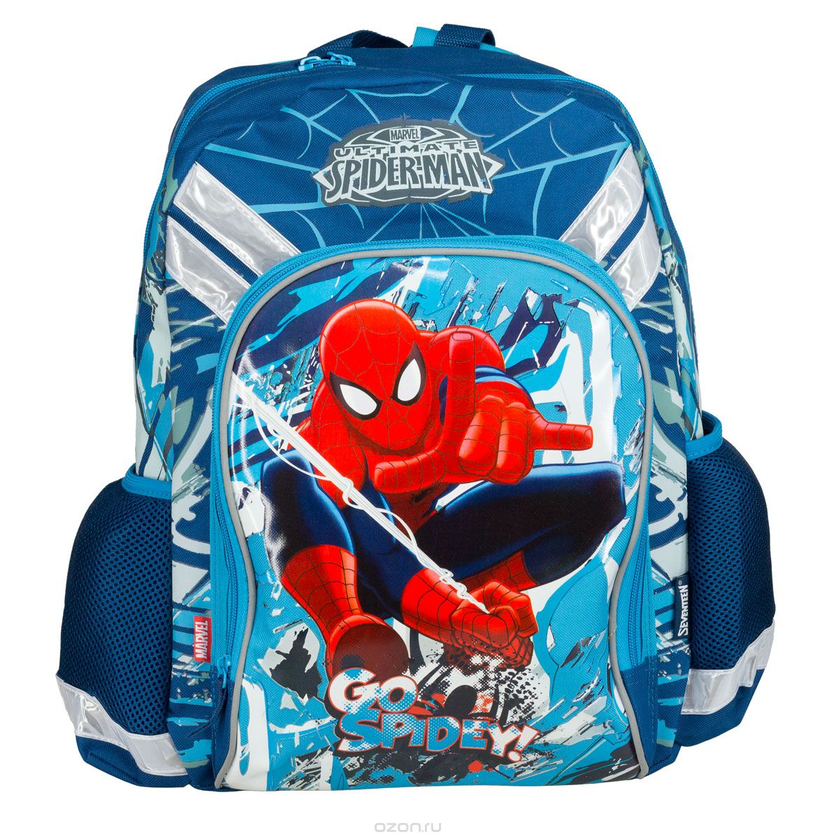 Рюкзак школьный Kinderline Spider-man Classic, цвет: синий, красный, белый. SMCB-MT1-988MSMCB-MT1-988M Рюкзак школьный Kinderline Spider-man Classic, цвет: синий, красный, белый. SMCB-MT1-988MSMCB-MT1-988MРюкзак школьный Kinderline Spider-man Classic выполнен из износоустойчивых материалов с водонепроницаемой основой, декорирован яркой аппликацией. Рюкзак имеет одно основное отделение, закрывающееся на молнию с двумя бегунками. Внутри отделения расположены два разделителя с утягивающей резинкой для тетрадей и учебников. На лицевой стороне ранца расположен накладной карман на молнии. По бокам ранца размещены два дополнительных накладных открытых кармана. Уплотненная спинка равномерно распределяет нагрузку на плечевые суставы и спину. Удлиненные держатели облегчают фиксацию длины ремней с мягкими подкладками. Ранец оснащен удобной ручкой для переноски и двумя широкими лямками, регулируемой длины. Многофункциональный школьный ранец станет незаменимым спутником вашего ребенка в походах за знаниями.