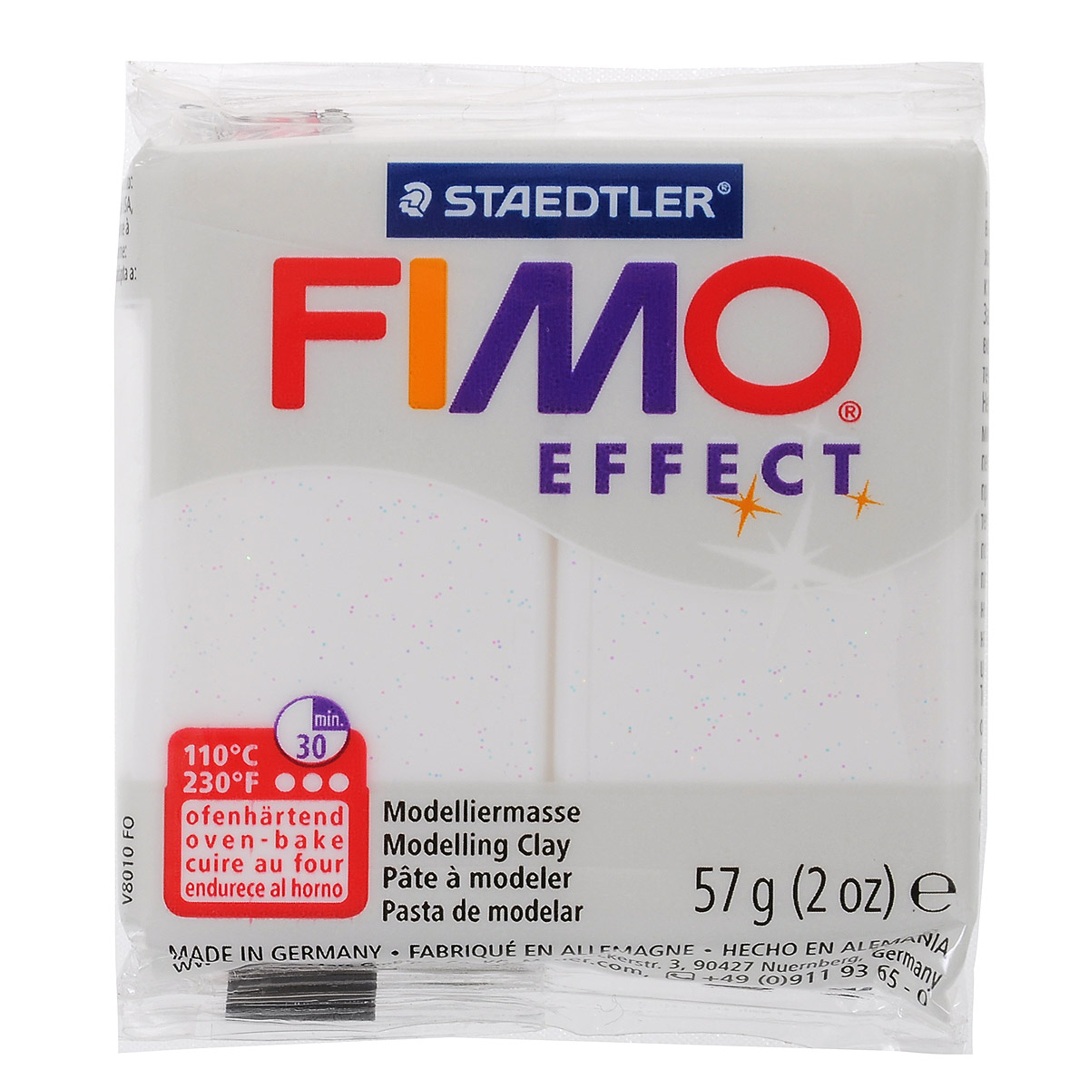 Полимерная глина Fimo Effect Metallic, цвет: белый, 57 г8020-052 Полимерная глина Fimo Effect Metallic, цвет: белый, 57 г8020-052Мягкая глина на полимерной основе (пластика) Fimo Effect Metallic идеально подходит для лепки небольших изделий (украшений, скульптурок, кукол) и для моделирования. Глина обладает отличными пластичными свойствами, хорошо размягчается и лепится, легко смешивается между собой, благодаря чему можно создать огромное количество поделок любых цветов и оттенков. Блок поделен на восемь сегментов, что позволяет легче разделять глину на порции. В домашних условиях готовая поделка выпекается в духовом шкафу при температуре 110°С в течении 15-30 минут (в зависимости от величины изделия). Отвердевшие изделия могут быть раскрашены акриловыми красками, покрыты лаком, склеены друг с другом или с другими материалами. Состав: поливинилхлорид, пластификаторы, неорганические наполнители, цветные пигменты.