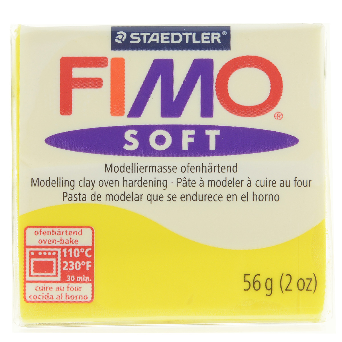 Полимерная глина Fimo Soft, цвет: лимонный (10), 56 г8020-10 Полимерная глина Fimo Soft, цвет: лимонный (10), 56 г8020-10Мягкая глина на полимерной основе (пластика) Fimo Soft идеально подходит для лепки небольших изделий (украшений, скульптурок, кукол) и для моделирования. Глина обладает отличными пластичными свойствами, хорошо размягчается и лепится, легко смешивается между собой, благодаря чему можно создать огромное количество поделок любых цветов и оттенков. Блок поделен на восемь сегментов, что позволяет легче разделять глину на порции. В домашних условиях готовая поделка выпекается в духовом шкафу при температуре 110°С в течении 15-30 минут (в зависимости от величины изделия). Отвердевшие изделия могут быть раскрашены акриловыми красками, покрыты лаком, склеены друг с другом или с другими материалами. Состав: поливинилхлорид, пластификаторы, неорганические наполнители, цветные пигменты.