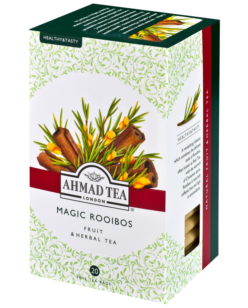 Ahmad Tea Magic Rooibos травяной чай в фольгированных пакетиках, 20 шт1165 Ahmad Tea Magic Rooibos травяной чай в фольгированных пакетиках, 20 шт1165Ройбуш - кустарник родом из солнечной Долины Седеберг в Южной Африке - известен в качестве напитка с древних времен. Не содержит кофеина, является источником микроэлементов, минералов, витамина С и антиоксидантов. Утонченный сладковатый вкус ройбуша пикантно дополняется согревающими нотками пряной корицы в ароматном чае Ahmad Magic Rooibos. Заваривать 5 минут.
