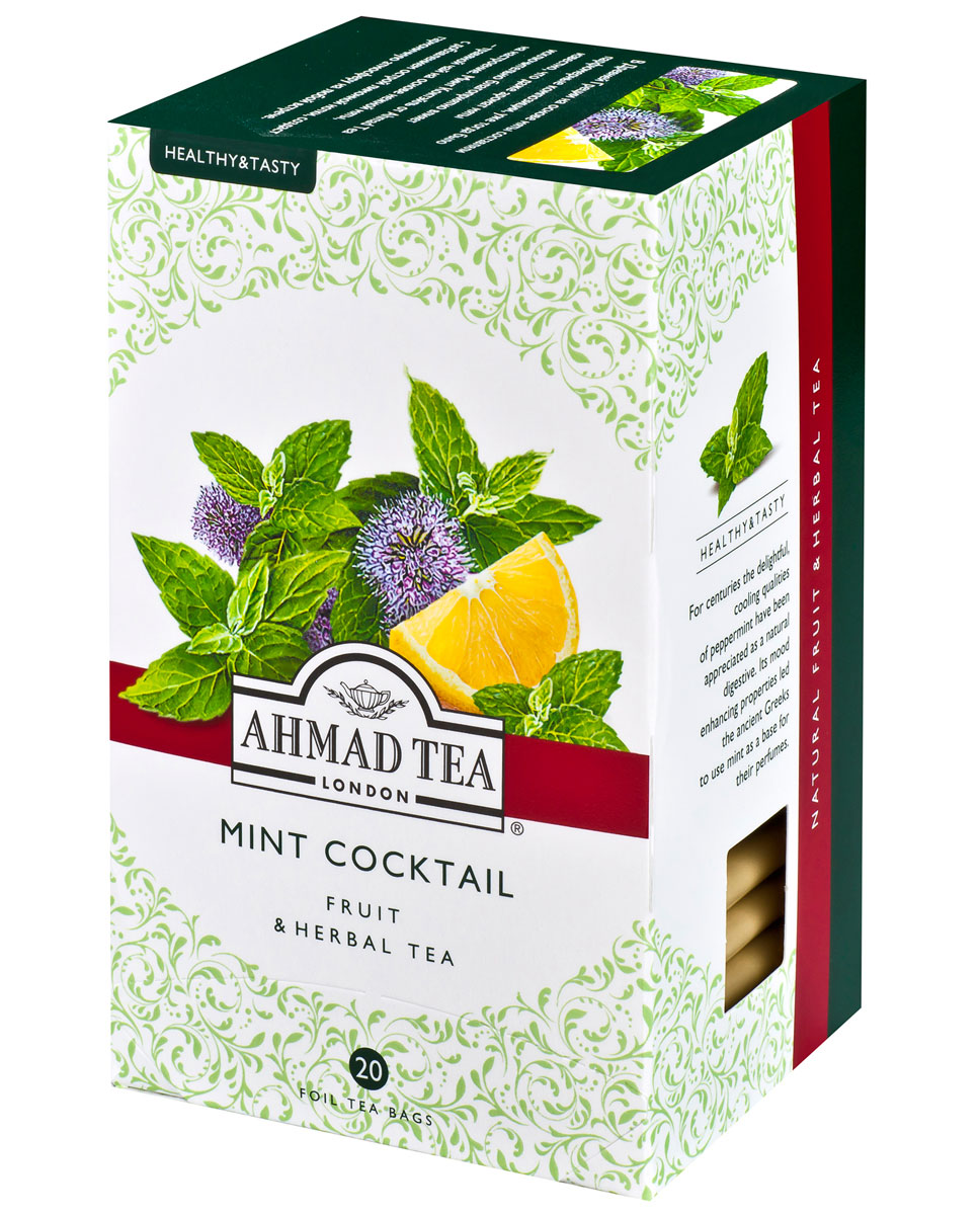 Ahmad Tea Mint Cocktail травяной чай в фольгированных пакетиках, 20 шт1166 Ahmad Tea Mint Cocktail травяной чай в фольгированных пакетиках, 20 шт1166В Древней Греции на основе мяты составляли парфюмерные композиции, уже тогда было известно, что мята обладает множеством полезных свойств, а аромат мяты исключительно благоприятно влияет на настроение. Минт Коктэйль от Ahmad Tea - травяной чай на основе нежной мяты, c добавлением острой лимонной нотки, создаст гармоничную атмосферу на любой встрече.