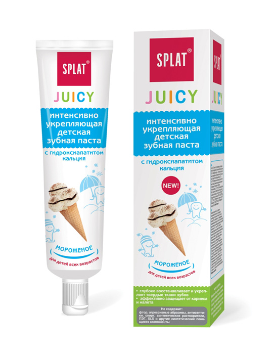 Интенсивно укрепляющая детская зубная паста Splat Juicy «МОРОЖЕНОЕ /Ice-Cream», 35 млДМ-182 Интенсивно укрепляющая детская зубная паста Splat Juicy «МОРОЖЕНОЕ /Ice-Cream», 35 млДМ-182Интенсивно укрепляющая детская зубная паста SPLAT Juicy МОРОЖЕНОЕ Интенсивно укрепляющая зубная паста Splat Juicy МОРОЖЕНОЕ с гидроксиапатитом кальция идеально подходит для уязвимой детской эмали. Гидроксиапатит кальция (mHAP) в наноформе проникает глубоко в эмаль и делает ее крепче, замуровывая повреждения подобно пломбе, возвращает поверхности естественную гладкость и устойчивость к воздействию бактерий и кислот. Натуральная, защищенная патентом система Luctatol® эффективно ингибирует образование мягкого зубного налета и направленно уничтожает кариесогенные бактерии Streptococcus mutans. Гель Алоэ Вера обладает увлажняющими и противовоспалительными свойствами, успокаивает и заживляет десны. Пасты SPLAT Juicy глубоко восстанавливают и укрепляют твердые ткани зубов, эффективно защищают от кариеса и налета. Паста НЕ содержит: фтор, агрессивные абразивы, антисептики, спирт, синтетические растворители, ПЭГ, SLS и другие синтетические пенящиеся компоненты. Пасту...