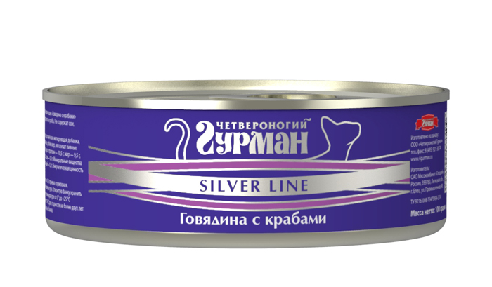 Консервы для кошек Четвероногий гурман Silver line Говядина с крабами в желе, 100 г211201001 Консервы для кошек Четвероногий гурман Silver line Говядина с крабами в желе, 100 г211201001Консервы Четвероногий гурман Silver line для кошек представляют собой влажные мясные корма с добавлением морепродуктов. В производстве используется сырьё стандарта Human grade, пригодное для употребления в пищу человеком. Корма обогащены натуральным витаминным комплексом (морские водоросли, пивные дрожжи, рыбий жир). Состав: говядина, крабовые палочки, масло подсолнечное, желе, морские водоросли, таурин, соль йодированная, рыбий жир, пивные дрожжи, вода питьевая. Вес: 100 г.