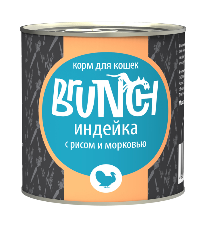 Консервы для кошек Brunch Индейка с рисом и морковью, 240 г400241005 Консервы для кошек Brunch Индейка с рисом и морковью, 240 г400241005Консервы Brunch для кошек — полноценные мясорастительные корма из натуральных ингредиентов. Помимо мяса и субпродуктов, продукт содержит крупы (каши) и овощи. Рецептура является уникальной разработкой компании. Пропорции определены в соответствии с научными исследованиями, отвечают потребностям домашних животных в питательных веществах. Корм максимально приближен к полному рациону. Состав: мясо индейки, сердце, печень, рис, морковь, масло растительное, желирующая добавка, йодированная соль, таурин, морские водоросли, рыбий жир, пивные дрожжи, тимьян, юкка шидигера, ферментированный рис. Вес: 240 г.