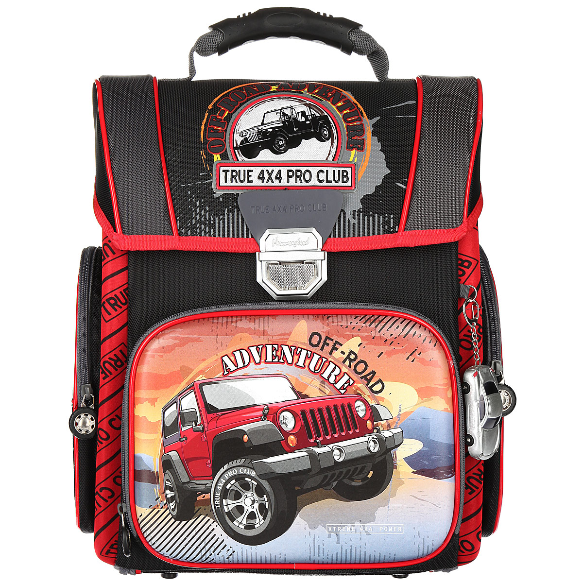 Ранец школьный Hummingbird Offroad Adventure, цвет: серый, красный, черный. S8S8 Ранец школьный Hummingbird Offroad Adventure, цвет: серый, красный, черный. S8S8Эргономичный школьный ранец с жесткой конструкцией Hummingbird Offroad Adventure выполнен из современного пористого EVA материала, отличающегося легкостью и долговечностью. Изделие оформлено изображением автомобиля и дополнено брелоком в форме машинки, хлястики на бегунках молний выполнены в виде колес. Ранец имеет одно основное отделение, закрывающееся на молнию. Ранец полностью раскладывается. Внутри главного отделения расположены: накладной сетчатый карман, два накладных кармана с жесткими стенками и резинкой-фиксатором, два накладных пластиковых кармашка. Пластиковые кармашки предназначены для расписания уроков и для вкладыша с адресом и ФИО владельца(вкладыши для заполнения идут в комплекте). На лицевой стороне ранца расположен накладной карман на молнии, который содержит: пять накладных кармашков для письменных принадлежностей и мелочей (один из кармашков сетчатый на молнии), карабин для ключей и карман для телефона на липучке. По бокам ранца размещены два дополнительных...