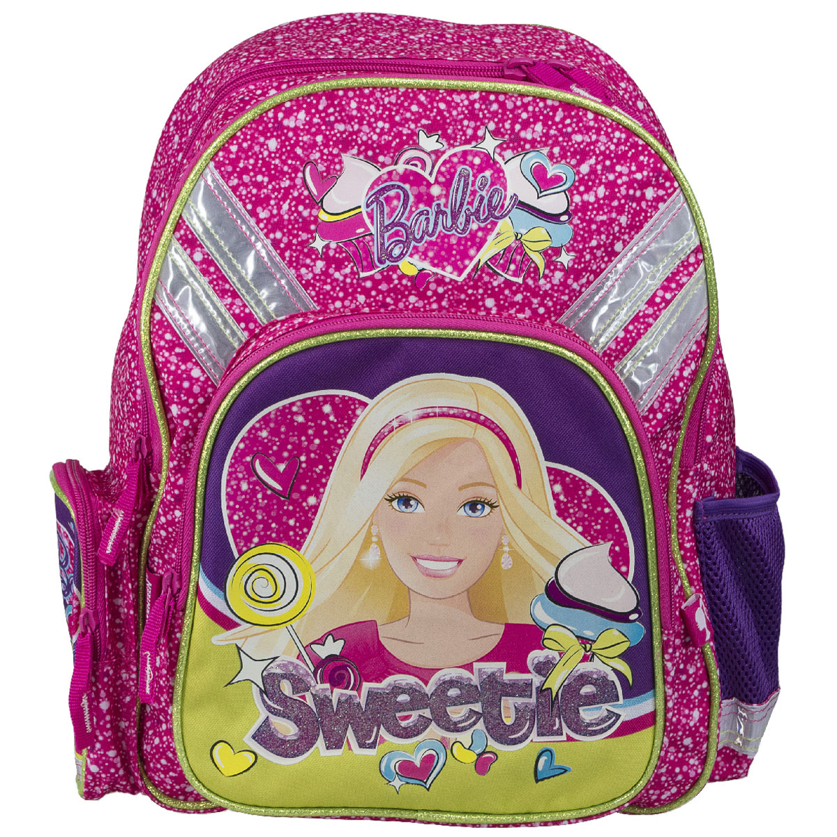 Рюкзак школьный Barbie Sweetie, цвет: розовый, фиолетовыйBRCB-MT1-9621 Рюкзак школьный Barbie Sweetie, цвет: розовый, фиолетовыйBRCB-MT1-9621Рюкзак школьный Barbie Sweetie обязательно понравится вашей школьнице. Выполнен из прочных и высококачественных материалов, дополнен изображением милой Барби. Содержит два вместительных отделения, закрывающиеся на застежки-молнии. В большом отделении находятся две перегородки для тетрадей или учебников. Дно рюкзака можно сделать жестким, разложив специальную панель с пластиковой вставкой, что повышает сохранность содержимого рюкзака и способствует правильному распределению нагрузки. Лицевая сторона оснащена накладным карманом на молнии. По бокам расположены два накладных кармана: на застежке- молнии и открытый, стянутый сверху резинкой. Специально разработанная архитектура спинки со стабилизирующими набивными элементами повторяет естественный изгиб позвоночника. Набивные элементы обеспечивают вентиляцию спины ребенка. Плечевые лямки анатомической формы равномерно распределяют нагрузку на плечевую и воротниковую зоны. Конструкция пряжки лямок позволяет...
