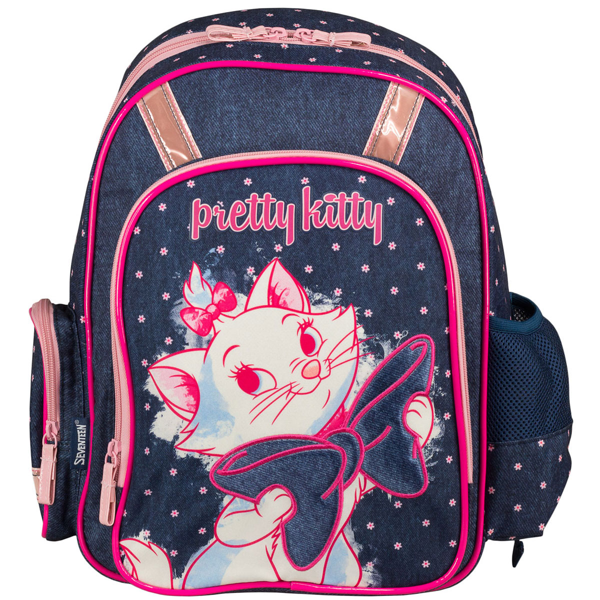 Рюкзак школьный Marie Cat, цвет: темно-синий, розовый. MCCB-UT1-836MCCB-UT1-836 Рюкзак школьный Marie Cat, цвет: темно-синий, розовый. MCCB-UT1-836MCCB-UT1-836Стильный школьный рюкзак Marie Cat обязательно понравится вашей школьнице. Выполнен из прочных и высококачественных материалов, дополнен изображением милой кошечки с бантиком. Содержит одно вместительное отделение, закрывающееся на застежку-молнию с двумя бегунками. Внутри отделения находятся две перегородки для тетрадей или учебников, а также открытый карман-сетка. Дно рюкзака можно сделать жестким, разложив специальную панель с пластиковой вставкой, что повышает сохранность содержимого рюкзака и способствует правильному распределению нагрузки. Лицевая сторона оснащена накладным карманом на молнии. По бокам расположены два накладных кармана: на застежке-молнии и открытый, стянутый сверху резинкой. Специально разработанная архитектура спинки со стабилизирующими набивными элементами повторяет естественный изгиб позвоночника. Набивные элементы обеспечивают вентиляцию спины ребенка. Плечевые лямки анатомической формы равномерно распределяют нагрузку на плечевую и...