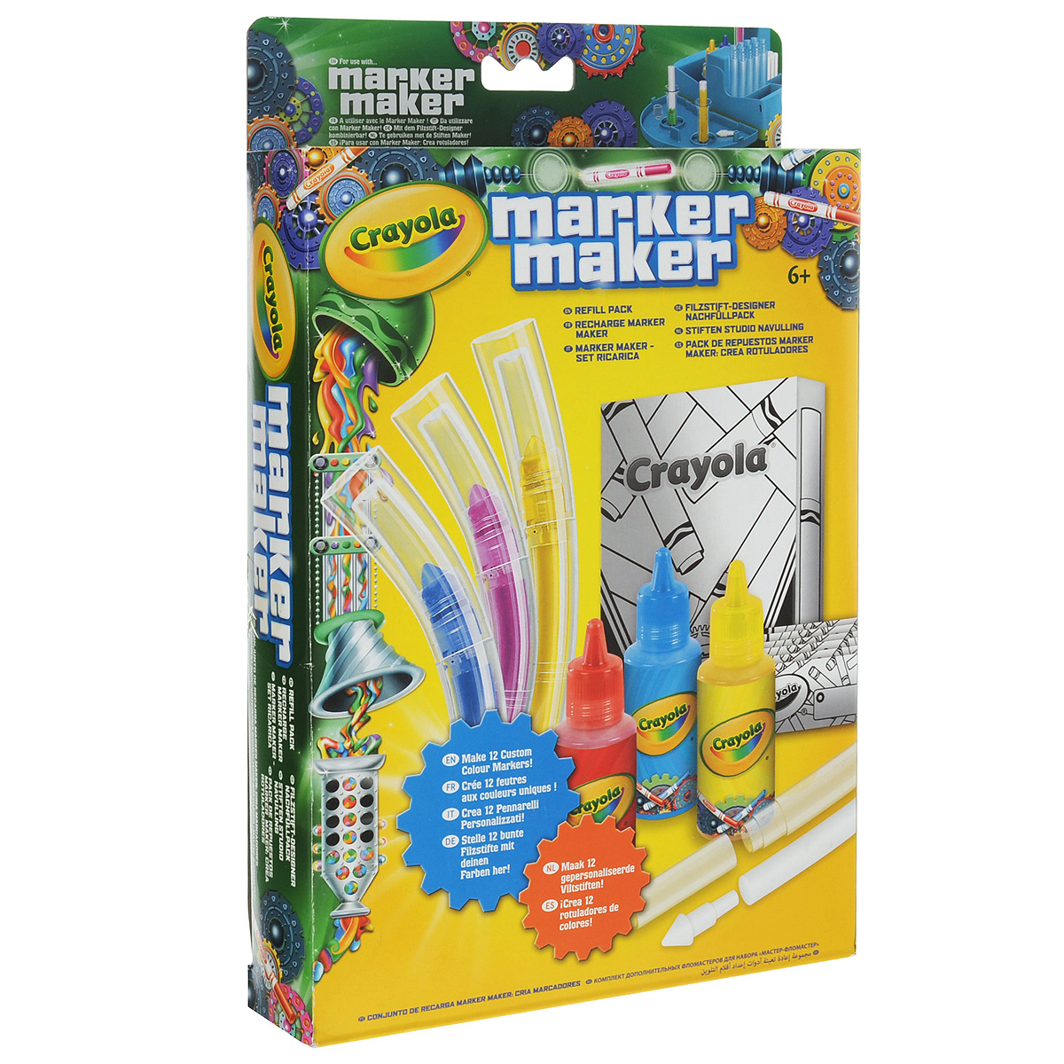 Набор аксессуаров Crayola Мастер-фломастер74-7055 Набор аксессуаров Crayola Мастер-фломастер74-7055Набор аксессуаров Мастер-фломастер является комплектом дополнительных фломастеров для фабрики по производству фломастеров “Мастер-фломастер” от Crayola. В комплект входят 12 наборов для сборки фломастеров (корпуса, стержни, наконечники, колпачки, заглушки, наклейки), 3 баночки с чернилами красного, синего и желтого цветов и 2 коробочки для упаковки и хранения. Всего этого достаточно для создания фломастеров с уникальными цветами. Вся продукция Crayola выпускается из нетоксичных и безопасных материалов, поэтому никак не навредит здоровью вашего ребенка. Увлекательный процесс создания фломастеров своими руками подарит юному художнику массу удовольствия, и поможет развить творческое мышление, аккуратность и художественный вкус. Рекомендуется для детей: от 6 лет.