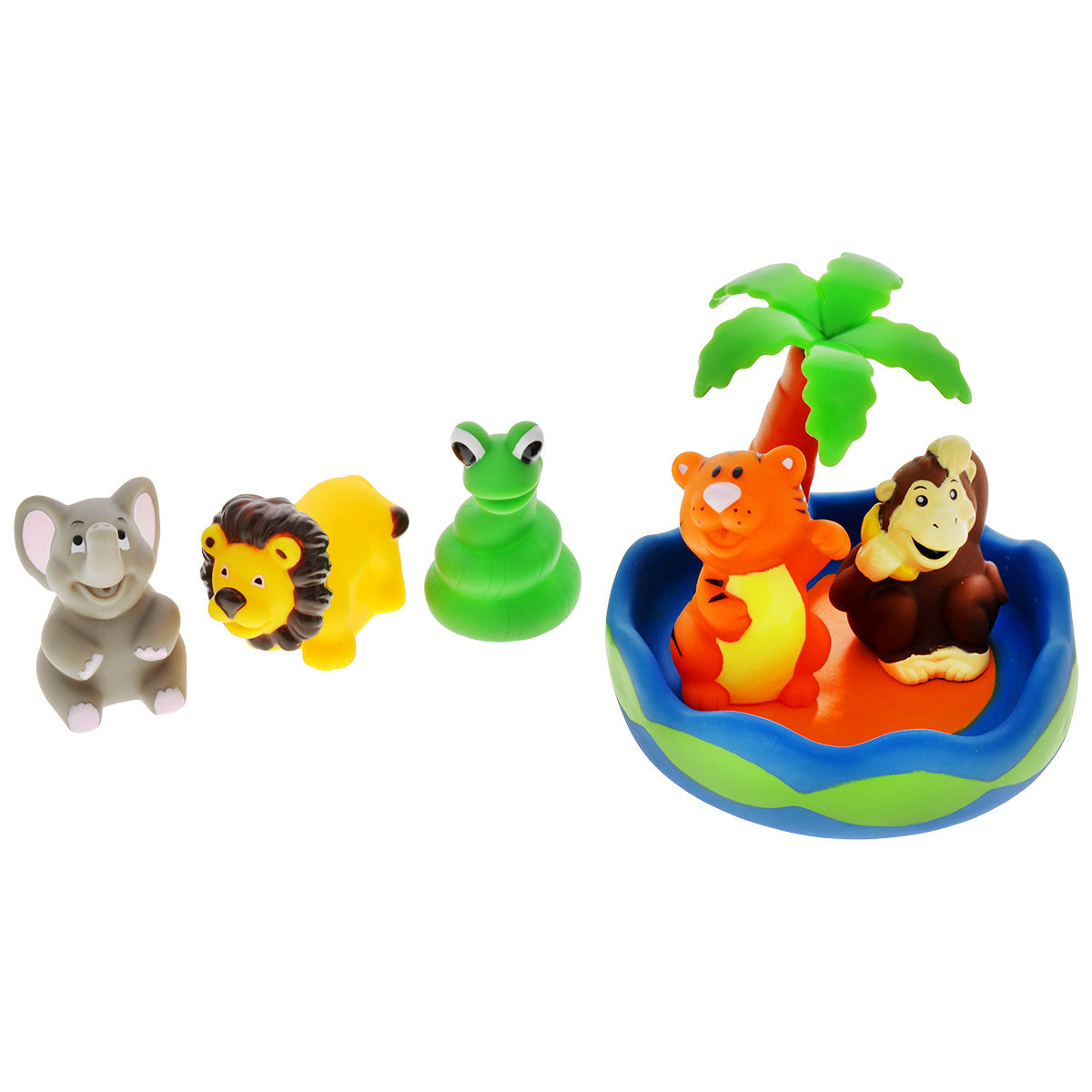 Игровой набор для ванны Mioshi Чудесный остров, 6 штMAU0304-007 Игровой набор для ванны Mioshi Чудесный остров, 6 штMAU0304-007С набором для ванны Mioshi Чудесный остров принимать водные процедуры станет ещё веселее и приятнее. Компанию при купании малышу составят: остров с пальмой, милашка-львёнок, обезьянка с бананом, улыбающийся слоненок, обаятельный тигренок и змейка. Все составляющие набора приятны на ощупь, имеют удобную для захвата маленькими пальчиками эргономичную форму и быстро сохнут. Забавным дополнением также будет возможность игрушек брызгать водой при сжатии. Устраивайте водные сражения! Игрушки Mioshi Aqua помогают малышам быстрее приспосабливаться к водной среде, а процесс принятия водных процедур делают веселым и увлекательным.