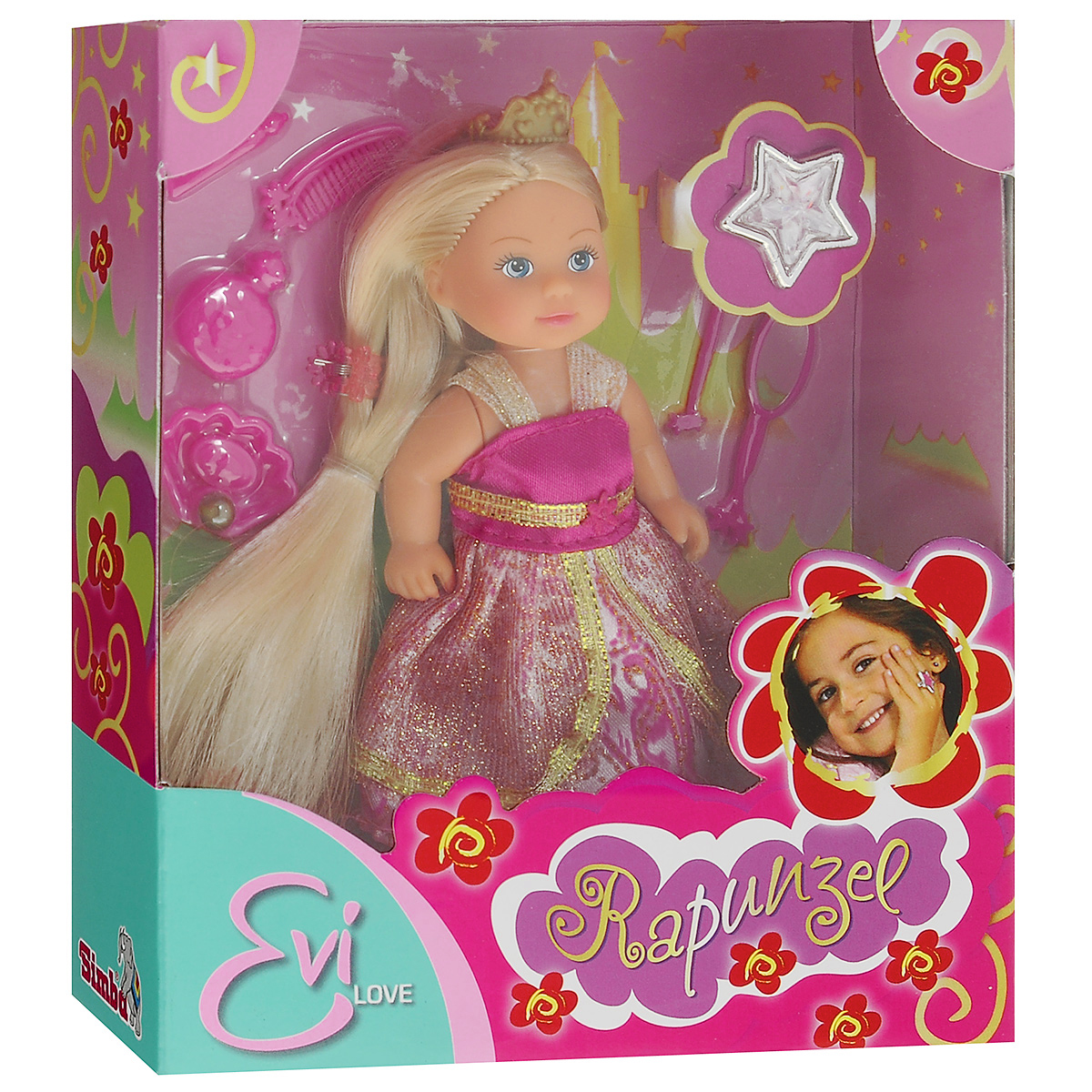 Simba Мини-кукла Еви Rapunzel5737057 Simba Мини-кукла Еви Rapunzel5737057Кукла Simba Еви Rapunzel порадует любую девочку и надолго увлечет ее. В комплект входит кукла Еви, стильные аксессуары, а также модное кольцо для девочки. Малышка Еви одета роскошное платье принцессы, украшенное блестками. На голове у нее - корона, а волосы украшены заколкой. Вашей дочурке непременно понравится заплетать длинные белокурые волосы куклы, придумывая разнообразные прически. В комплект также входят дополнительные аксессуары - расческа, флакон духов, мыльница с мылом, зеркальце, волшебная палочка и тюбик с кремом, которые сделают игру еще интереснее. Руки, ноги и голова куклы подвижны, благодаря чему ей можно придавать разнообразные позы. Игры с куклой способствуют эмоциональному развитию, помогают формировать воображение и художественный вкус, а также разовьют в вашей малышке чувство ответственности и заботы. Великолепное качество исполнения делают эту куколку чудесным подарком к любому празднику.